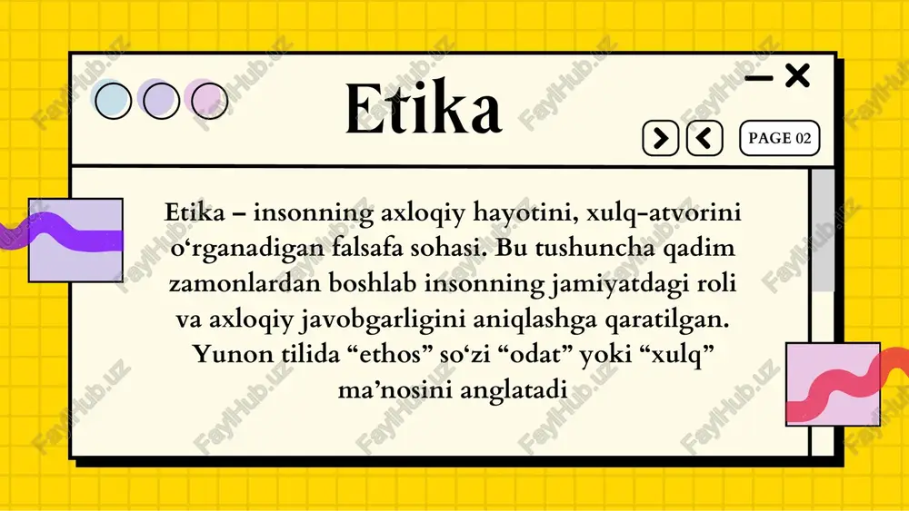 09 sunʼiy intelekt va axloq genetik modifikatsiya va biotik masalalar ijtimoiy tarmoq va shaxsiy maʼlumotlar hayot va oʻlim masalalari 1 2 3 4 zamonaviy jamiyatda etika bilan bog‘liq bir qator dolzarb masalalar mavjud. bugungi kunda texnologiyalar va global muammolar axloqiy qarorlarimizni murakkablashtirmoqda. quyida ba'zi zamonaviy etik muammolarni ko‘rib chiqamiz: sunʼiy intellekt va ahloq page 10 sun'iy intellektning rivojlanishi bilan yangi etik muammolar paydo bo‘lmoqda. masalan, ai tizimlarining qaror qabul qilish jarayonida adolatni ta'minlash, biasni oldini olish va inson huquqlarini hurmat qilish muhimdir. genetik modifikatsiya va biotik masalalar page 11 genetik modifikatsiya, inson embrioni yoki boshqa organizmlarni o‘zgartirish orqali yangi etik savollarni yuzaga keltiradi. inson genomining o‘zgartirilishi mumkinmi? bu jarayonning axloqiy natijalari qanday bo‘ladi? ekologik etika, tabiiy resurslarni qanday boshqarish va himoya qilish haqida savollarni o‘rtaga qo‘yadi. global iqlim o‘zgarishi va ekologik inqiroz etika sohasida jiddiy muammolarni keltirib chiqaradi. atrof muhitni himoya qilish page 12 hayot va oʻlim masalalari page 13 …