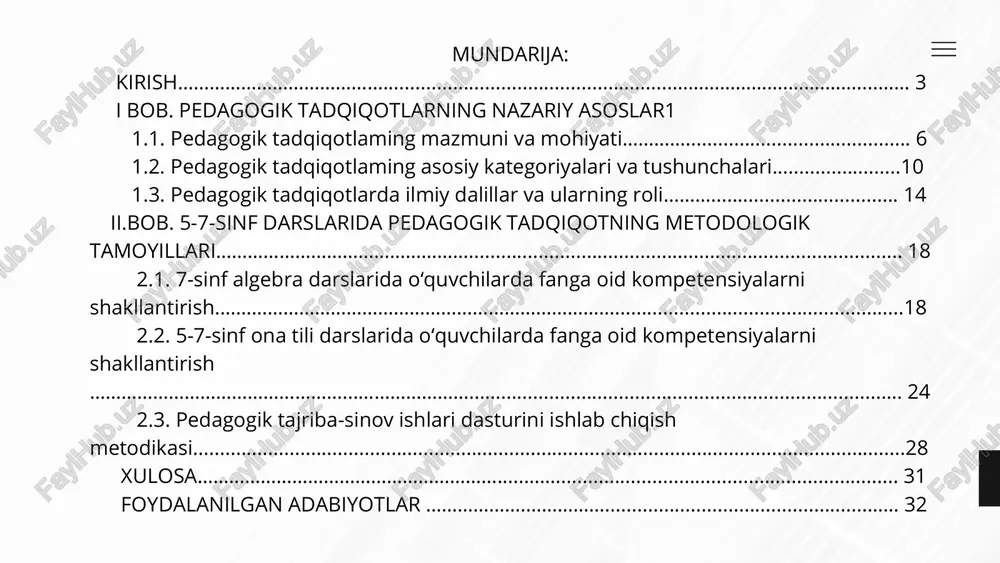 fatini oshirish, o‘quvchi shaxsini shakllantirishga xizmat qilsa, mazkur metodning ahamiyati yanada oshadi. pedagogik kuzatuvni tashkil etishda xatoga yo‘l qo‘ymaslik muhimdir. buning uchun tadqiqotchidan quyidagilar talab etiladi: 1)kuzatuv jarayonida aniq maqsadga egalik; 2) kuzatishni tizimli ravishda yo‘lga qo‘yish; 3)kuzatishning har bir bosqichida muayyan vazifalami hal etish; 4) har bir holatning mohiyatini sinchiklab o‘rganish; 5) xulosa chiqarishga shoshilmaslik. kabi vazifalarni o‘z oldiga maqsad qiladi. mavzuning obekti 5-7-sinf darslaridagi o‘quv jarayonlarini tahlil qilish va bu jarayonda samarali metodlar orqali dars jarayonini yanada takomillashtirish. kurs ishining metodi: zamonaviy sharoitda, pedagogik yo‘nalishda tadqiqotlami olib borishda quyidagi metodlardan foydalanilmoqda: 1. pedagogik kuzatish metodi. 2. suhbat metodi. 3. anketa metodi. 4. intervyu metodi. 5. talim muassasasi hujjatlarini tahlil qilish metodi. 6. test metodi. 7. pedagogik tahlil metodi. 8. bolalar ijodini o‘rganish metodi. 9. pedagogik tajriba metodi. ijtimoiy-gumanitar izlanish sifatida pedagogik tadqiqotlarning o‘ziga xosliklari. ilm-fan - olam haqida obektiv, tizimli tashkillashtirilgan va asoslangan bilimlarni ishlab chiqishga yo‘naltirilgan bilish …