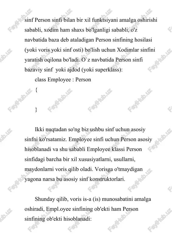 infdan voris olishi mumkin. hosil qilingan sinfni yaratishda, asosiy sinfga kirish turini ko'rib chiqing - olingan sinfga kirish turi asosiy sinf bilan bir xil yoki cheklangan bo'lishi kerak. ya'ni, agar asosiy sinf in_ternal kirish turiga ega bo'lsa, u holda olingan sinf inte_rnal yoki priv_ate kirish turiga ega bo'lishi mumkin, ammo p_ublic emas. shu bilan birga, shuni ham yodda tutish kerakki, agar asosiy va hosil qilingan sinf har xil to'plamlarda (loyihalarda) bo'lsa, unda bu holda hosil bo'lgan sinf faqat p_ublic modifikatoriga ega bo'lgan sinfdan voris olishi mumkin. agar s_ealed modifikatori bilan sinf e'lon qilingan bo'lsa, u holda bu sinf voris qilib olinmaydi va hosilaviy sinflarni yaratish mumkin emas. masalan, quyidagi sinf avlodlarni yaratishga yo'l qo'ymaydi: sealed class admin { } statik sinfdan sinfni voris qilib olinmaydi. hosil qilingan sinfdan tayanch sinf a'zolariga kirish per_son va emp_loyee sinflariga qaytamiz. e_mployee o'zining barcha funktsiyalarini person sinfidan olgan bo'lsa-da, keling quyidagi holatda nima bo'lishini …