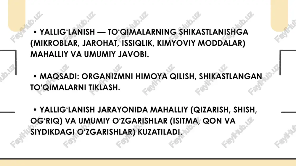 rom anemiya. • oq qon hujayralarining barqaror leykotsitozi. • esr doimiy yuqoriligi. • igg va iga immunoglobulinlarining oshishi. surunkali yallig‘lanishda qondagi o‘zgarishlar • proteinuriya (oqsil paydo bo‘lishi). • leukotsituria (pus hujayralari) — infeksiya belgisi. • gematuriya (eritrotsitlar) — yallig‘lanish yoki shikastlanish belgisi. • silindrlar — buyrak naychalari zararlanganidan dalolat beradi. siydikdagi o‘zgarishlar (umumiy) • nitritlar (bakteriyalar mavjudligida). • ph o‘zgarishi (infeksiyada ko‘proq ishqoriy). • kreatinin va mochevina oshishi (buyrak funksiyasi buzilganda). yallig‘lanishda siydik biokimyosi • o‘tkir yallig‘lanish: ko‘p miqdorda leykotsit, eritrotsit, oqsil. • surunkali yallig‘lanish: o‘rtacha proteinuriya, past leykotsituriya, doimiy silindrlar. o‘tkir va surunkali jarayonlarda siydik o‘zgarishlari • qon va siydik tahlillari yallig‘lanishning: • bosqichini aniqlash. • sababini farqlash (bakterial, virusli, allergik). • jarayonning og‘irligini baholash. • davolash samaradorligini kuzatishda yordam beradi. klinik va diagnostik ahamiyat • yallig‘lanish nafaqat mahalliy, balki umumiy tizimli o‘zgarishlarga ham olib keladi. • qonda — leykotsitoz, esr ortishi, crp ko‘payishi kuzatiladi. • siydikda — oqsil, …