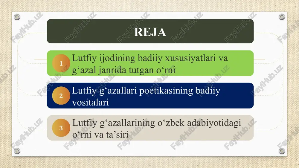 va hijron motivlari orqali u inson qalbidagi iztirob va orzularni badiiy shaklda ifoda etgan. lutfiy g‘azallarida sabr, sadoqat va fidoyilik g‘oyalari ham muhim o‘rin tutadi. ma’naviyat mavzusi esa shoir ijodining falsafiy mohiyatini belgilaydi. u insonning ruhiy poklanishiga, nafsni tiyishga, halollik va sadoqatga chaqiradi. lutfiy she’rlarida bu g‘oyalar samimiy ohangda, xalqona tilda bayon etilgan bo‘lib, ularni o‘qigan kishi ruhiy zavq oladi. lutfiy poetikasining eng asosiy xususiyatlaridan biri – xalqona tildan ustalik bilan foydalanishidir. uning g‘azallarida mumtoz adabiyotning nozik badiiy usullari bilan xalq tili ifodalari uyg‘unlashgan. shoir o‘z g‘azallarida xalq og‘zaki ijodidan, maqollar va hikmatli so‘zlardan ilhom olgan. shu sababli uning asarlari ham xalqona, ham nafis adabiy uslubda jaranglaydi. lutfiy mumtoz an’analarga amal qilgan holda, o‘zbek tili imkoniyatlarini keng namoyon etgan. u arab va fors poetikasidagi ramz, majoz, tashbeh kabi vositalarni milliy ruhda qayta talqin etgan. natijada uning g‘azallari o‘zbek mumtoz she’riyatining eng yuksak namunalaridan biriga aylangan. lutfiy g‘azallari poetikasining badiiy vositalari …