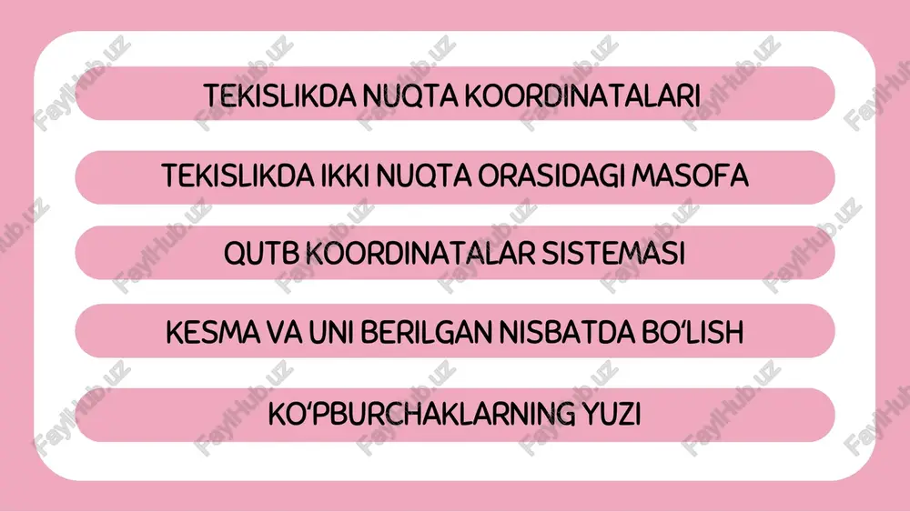 rasida x=p*cos(f) y=p*sin(f) munosabat mavjud. kesma va uni berilgan nisbatda boʻlish tekislikda a(x1, y1) va b(x2, y2) nuqtalarni tutashtiruvchi ab toʻgʻri chiziq kesmasini qaraylik. bu kesmada shunday c nuqta topish kerakki ac ning bc kesmaga nisbati berilgan λ songa teng boʻlsin: ac/cb=λ izlaizlanayotgan nuqtaning koordinatalarini x va y deylik c(x, y). a, b va c nuqtalardan ox oʻqiga perpendikulyar tushiramiz, unda oa1=x1 oc1=x, ob1=x2, aa1=y1, cc1=y, bb1=y2 boʻlad koʻpburchaklarning yuzi chuzmaga koʻra om1m2 uchburchakning yuzini topish uchun quyidagi formuladan foydalanamiz s=1/2*p1*o2*sin(f1-f2) misol: qutb koordinatalar sistemasida m1(2; 30°) va (5 ; 60°) nuqtalar berilgan. uchburchakning yuzini toping. yechish : s=1/2*2*5sin30°=10 javob: s=10kv.birlik ga teng