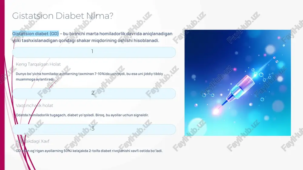 ini diqqat bilan kuzatish zarur. 4 diagnostika: qanday aniqlanadi? gistatsion diabetni aniqlash uchun muntazam skrining testlari o‘tkaziladi, bu esa erta aralashuv imkonini beradi. 24-28-haftalik skrining homiladorlikning 24 va 28-haftalari oralig‘ida barcha ayollar ogtt (og‘iz orqali glyukoza yuklash testi)ga jalb qilinadi. bir bosqichli test bu test 75 gramm glyukoza eritmasi ichilgandan keyin qon shakarining och qoringa, 1 soatdan keyin va 2 soatdan keyingi o‘lchovlarini o‘z ichiga oladi. natijalarni baholash bir yoki undan ortiq o‘lchov normal chegaradan oshsa, gd tashxisi qo‘yiladi. erta tashxis ona va bola sog‘ligini saqlashda hal qiluvchi ahamiyatga ega. 5 davolash usullari: nazorat va boshqaruv tibbiy oziqlanish shakarni nazorat qilishning asosiy yo‘li – bu uglevodlar iste'molini cheklash va glikemik indeksi past bo‘lgan mahsulotlarga o‘tish. muntazam jismoniy faollik kuniga 30 daqiqa yengil mashqlar (masalan, yurish) insulin sezgirligini oshiradi. farmakologik terapiya agar parhez va mashqlar samara bermasa, xavfsiz hisoblangan insulin in'ektsiyalari yoki ba'zi hollarda dori vositalari qo‘llaniladi. davolashning maqsadi – qon …