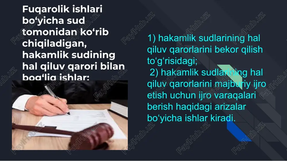 ini bekor qilish to‘g‘risidagi ariza yozma shaklda, shu jumladan elektron hujjat tarzida beriladi va hal qiluv qarori yuzasidan nizolashayotgan hakamlik muhokamasi tarafi yoki uning vakili tomonidan imzolanadi. hakamlik sudining hal qiluv qarorini bekor qilish to‘g‘risidagi arizada quyidagilar ko‘rsatilgan bo‘lishi kerak: 1) ariza berilayotgan fuqarolik ishlari bo‘yicha sudning nomi; 2) nizolashilayotgan hal qiluv qarorini qabul qilgan hakamlik sudining nomi va tarkibi, uning joylashgan yeri; 3) hakamlik muhokamasi taraflarining nomi (familiyasi, ismi, otasining ismi), yashash joyi yoki turgan joyi (pochta manzili), shuningdek, agar ariza vakil tomonidan berilayotgan bo‘lsa, vakilning familiyasi, ismi, otasining ismi, yashash joyi; 4) hakamlik sudining hal qiluv qarori qabul qilingan sana; 5) hakamlik sudining hal qiluv qarorini bekor qilish to‘g‘risidagi ariza bilan murojaat etgan hakamlik muhokamasi tarafi hakamlik sudining nizolashilayotgan hal qiluv qarorini olgan sana; 6) hakamlik sudining hal qiluv qarorini bekor qilish to‘g‘risidagi talab va mazkur qaror qanday asoslar bo‘yicha nizolashilayotganligi. hakamlik sudining hal qiluv qarorini bekor qilish …