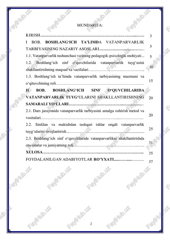 o‘z vatanini sevuvchi, uni himoya qilishga, rivojlantirishga hissa qo‘shishga tayyor yosh avlod qo‘lidadir. shu sababli maktab ta’limi tizimida, ayniqsa boshlang‘ich sinflarda, o‘quvchilarda vatanparvarlik tuyg‘ularini shakllantirishga alohida e’tibor qaratilmoqda. boshlang‘ich ta’lim davri – bu shaxsning ma’naviy-axloqiy qarashlari, dunyoqarashi va e’tiqodi shakllanadigan muhim bosqichdir. shu davrda o‘quvchilarga vatanga sadoqat, ajdodlar merosiga hurmat, milliy qadriyatlarga e’tibor bilan qarash kabi fazilatlarni singdirish ularning kelajakdagi fuqarolik pozitsiyasini belgilab beradi. o‘zbekiston respublikasi prezidentining ta’lim sohasiga oid qaror va farmonlarida ham yosh avlodni milliy g‘urur, vatanparvarlik, insonparvarlik va bag‘rikenglik ruhida tarbiyalash ustuvor vazifa sifatida belgilab qo‘yilgan. shu nuqtai nazardan, boshlang‘ich sinf o‘qituvchisi o‘quvchilarda vatanparvarlik tuyg‘usini shakllantirishda nafaqat bilim beruvchi, balki ma’naviy tarbiyachi sifatida ham muhim o‘rin tutadi. kurs ishining dolzarbligi - kurs ishining dolzarbligi shundaki, globallashuv va axborot asrida yoshlarning ongiga turli g‘oyaviy va madaniy ta’sirlar kuchayib bormoqda. bu esa ularning milliy o‘zligini anglashiga, vatanga bo‘lgan muhabbatiga salbiy ta’sir ko‘rsatishi mumkin. shu sababli o‘quvchilarda milliy g‘oya va …