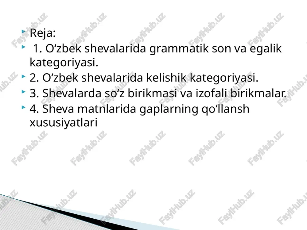 ratqich kelishigi. bu kelishik qarluq-chigil-uyg‘ur lahjasining aksariyat shevalarida, o‘g‘uz lahjasining ayrim shevalarida funksional emas, ya’ni to‘rt va besh kelishikli shevalarda bu kelishik affikslari qo‘llanmaydi. bu kelishik amalda bo’lgan shevalarda quyidagi affikslar qatnashadi: - nin affiksi ko‘proq unli va sonor undoshlar bilan tugagan so‘zlarga qo‘shiladi: otaning- atanїη (qipchoq); - їη affiksi undosh bilan tugagan so‘zlarga qo‘shiladi: otning boshi -atїη bašї (qipchoq); -nuη affiksi lablangan unli qatnashgan va unli yoki sonor undoshlar bilan tugagan so‘zlarga qo‘shiladi: uyning -üjnüη (qipchoq) tushum kelishigida quyidagi affikslar qatnashadi: -i affiksi undosh bilan tugagan so‘zlarga qo‘shilgan, qorako‘l va olot shevalarida amalda bor: ishni qil -i:ši qїl, -nu affiksi oxirgi bo‘g‘inida lablangan unli bo‘lgan so‘zlarga qo‘shiladi. qorabuloq, mankent shevalarida uchraydi: qo‘zini -qozunu, -di/dї/ti/tї affiksi undosh bilan tugagan so‘zlarga qo‘shiladi va barcha singarmonizmli shevalarda bor: tog‘ni - tavdї, yigitlarni -žigittärdi, otni ~ attї aksariyat shevalarda tushum kelishigi affiksidagi - n undoshi kuchli assimilatsiyaga uchraydi. bu ayniqsa toshkent shevasida yaqqol …