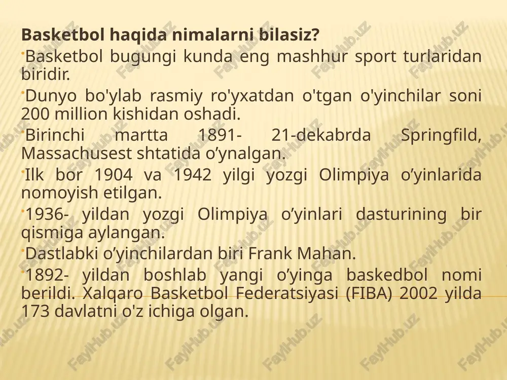 lanadi. hakamning har bir hushtagidan so'ng, sekundomer to'xtaydi - va o'yinning qayta boshlanishi bilan u yana yoqiladi. (shunga ko'ra, basketbolda ular "tirik to'p" va "o'lik to'p" o'rtasida farqlanadi.) o'yin vaqti hakam-taymer tomonidan qayd etiladi. avvallari xalqaro havaskorlar basketbol federatsiyasi (fiba) shafeligidagi o‘yinlar 2 ta 20 daqiqalik sof o‘yin vaqtidan iborat edi. 2000 yilda qabul qilingan yangi qoidalarga ko'ra, o'yin har biri 10 m toza vaqtdan iborat to'rtta bo'limdan iborat (nbada - 12 m to'rtta bo'lim), birinchi va ikkinchi, uchinchi va to'rtinchi bo'limlar o'rtasida 2 daqiqalik tanaffuslar, o'yin o'rtasida tanaffus - 15 soniya. ilgari o'yinchi to'pga cheksiz egalik qilishi mumkin edi. o'tgan asrning 1960-yillarida 30 soniya (fiba) va 24 soniya (nba) chegarasi joriy qilingan: u tugaganidan keyin jamoa to'pni yo'qotadi. fiba ning 2000 yilgi qoidalariga ko'ra, jamoalarga hujum qilish uchun 24 soniyadan ko'p bo'lmagan vaqt beriladi. hakamlar hay'ati tarkibiga ushbu qoidaga rioya etilishini nazorat qiluvchi 24 soniya operatori kiradi. bundan tashqari, …