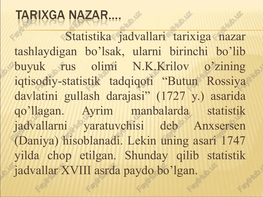 a nomerlanadi. statistik jadvallar, ega xarakteriga qarab: oddiy; guruhiy (gruppali); kombinatsion jadvallarga; kesim xarakteriga qarab: kesimi oddiy ishlab chiqilgan; kesim kombinatsiya ishlab chiqilgan; guruhlash maqsadi bo’yicha: informatsiya tavsifli; analitik; tipologik; maxsus tayinlangan (balans, matritsa va h.k.) jadvallarga bo’linadi. oddiy jadvallar deb egasi faqat hodisalar, yillar, ob’ektlar ro’yxatidan tashkil topgan jadvallarga aytiladi. oddiy jadvallar, ma’lumotlarni berilishiga qarab sanoqli, territorial va xronologik jadvallarga bo’linadi. jadval egasida hodisalar sanog’i berilishi mumkin. kombinatsion jadval deganda, bir marta guruhlangan jadval egasi yana guruhlarga, ular yana guruhcha osti guruhlariga ajratilgan, jadval kesimi ham guruhlangan ko’rinish olgan jadvallar tushuniladi. jadval kesimini ishlab chiqish muhim masalalardan biridir. kesim birinchidan ega bilan uzviy bog’liqlikda o’rganiladi. jadval o’rganish ob’ekti kesim bo’lib hisoblanmaydi. kesimni to’g’ri va aniq tanlash bilan, uning ko’rsatkichlari yordamida ajratilgan guruhlarning xarakterini va ajratib turuvchi eng muhim belgilarini ifodalash mumkin. mavjud informatsiya va tekshirishning vazifasi va maqsadiga bog’liq holda kesim oddiy va murakkb kesimlarga bo’linishi mumkin. ko’rsatkichlar birin-ketinlik …