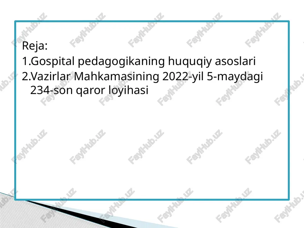 ini, antitelolar va antigenlarning kimyoviy tuzilishi hamda xossalarini, ularning oʻzaro taʼsiri g oldini olish va davolash usullarini oʻrganadi. statsionar davolanish - stationarius - qoʻz-gʻalmas, harakatlanmaydigan) kasallar doimiy joy (koyka)ga ega boʻladigan va butun sutka (lar) davomida yotadigan davolash muassasasi. o‘zbekiston respublikasi prezidentining farmoni, 11.05.2022 yildagi pf-134-son “mehrli maktab“ filiallari tashkil etiladi. qaror bilan “mehrli maktab” davlat ta’lim muassasasining filiallari tashkil etildi. unga ko‘ra, maktab filiallari 2023-2028 yillarda bosqichma-bosqich, biroq har yili kamida 3 ta hududda tashkil etiladi. filiallar gematologiya, onkologiya, klinik immunologiya, boshqa statsionar va uzoq muddatli ambulator davolanishda bo‘lgan bolalar davolanayotgan davlat tibbiyot muassasalarida ish boshlaydi. mehrli maktabning asosiy maqsadi; davolanishda bo‘lgan bolalarning hayotga ijtimoiy moslashuvini, ularning maktabgacha ta’lim hamda umumiy o‘rta ta’lim tashkilotlarida ta’limni davom ettirishga tayyorligini ta’minlashdan iborat. o’zbekiston respublikasi vazirlar mahkamasining qarori orqali sog’liqni saqlash muassasalaridagi ta’lim jarayonini tashkil etish tartiblari belgilnadi. ushbu qarorlar gospital pedagogikai uchun zarur me’yorlarni o’z ichiga oladi. bmtning bolalar huquqlari to’g’risida …