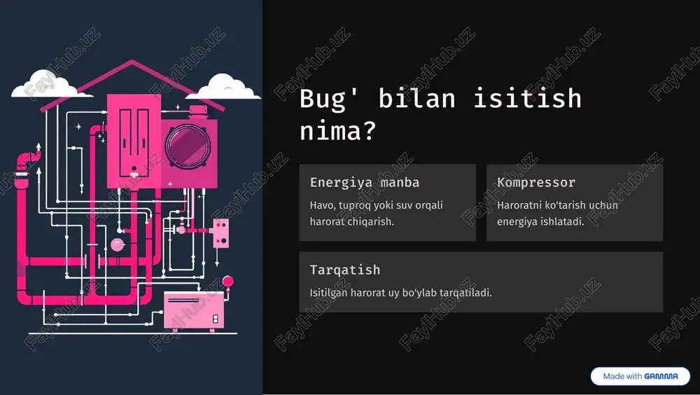 qo'llab-quvvatlash va ta'mirlash yillik tekshirish mutaxassis tomonidan yilda bir marta tekshirilishi kerak. filtrlar havo filtrlarini muntazam o'zgartirish zarur. refrigerant suyuqlikni tekshirish va zarur bo'lsa to'ldirish. https://gamma.app/?utm_source=made-with-gamma hozirgi vaqtda qo'llaniladigan texnologiyalar aqlli boshqaruv mobil ilova orqali isitishni boshqarish va energiya tejash. inverter texnologiyasi kompressor tezligini o'zgartirish orqali energiya tejash. quyosh panellari bug' tizimini quyosh energiyasi bilan birga ishlatish. https://gamma.app/?utm_source=made-with-gamma kelajakni bugun boshlang bug' bilan isitish - oqilona tanlov tejamkorlik energiya xarajatlarini 70% kamaytiring. atrof-muhit karbon emissiyasini qisqartiring. qulaylik yil bo'yi optimal harorat saqlang. bugundan boshlang va kelajakka investitsiya qiling! https://gamma.app/?utm_source=made-with-gamma