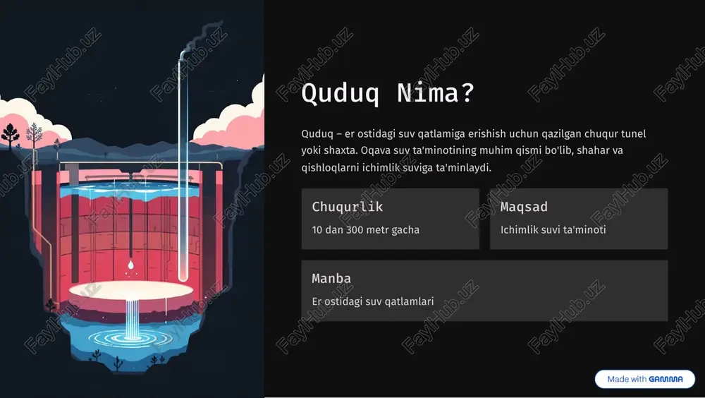 ni oladi filtrlash qatlamlari qum, shag'al va tosh 3 suv tozalash uchun suv qatlamlari er ostidagi suv manbalari, turli chuqurlikda pompa tizimi suv yuqoriga ko'tarilishi uchun (artezian quduqlarda kerak emas) https://gamma.app/?utm_source=made-with-gamma quduqlarning ahamiyati qishloq rivojlanishi qishloqlarda asosiy suv manba. aholining sog'lig'i va hayot sifatiga ta'sir qiladi. shahar ta'minoti katta shaharlarning asosiy ichimlik suvi manba. milyonlab odamni ta'minlaydi. qishloq xo'jaligi dala va bog'larni sug'orish uchun. mahsulot miqdorini oshiradi. https://gamma.app/?utm_source=made-with-gamma quduqlarning muammolari va yechimi asosiy muammolar suv sathining pasayishi suv ifloslanishi quduqning buzilishi pompa nosozligi yechim choralari muntazam ta'mir va tekshirish suv sifatini nazorat qilish yangi quduqlar qazish zamonaviy texnologiya qo'llash https://gamma.app/?utm_source=made-with-gamma xulosa: quduqlarning roli quduqlar oqava suv ta'minotining asosiy komponentlari. ularning to'g'ri qazilishi, ta'miri va boshqarilishi 3 barcha aholining sog'lig'i va rivojlanishining kalit omili. sog'lig'i toza ichimlik suvi rivojlanish qishloq va shaharlar barqarorlik uzun muddatli ta'minot kelajak zamonaviy texnologiya https://gamma.app/?utm_source=made-with-gamma