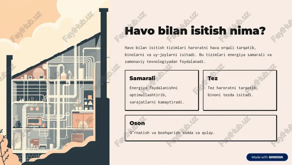 ce=made-with-gamma texnik xizmat va ta'mirlash kunlik ta'mirlash filtrlari o'zgartirib turish kanallarni tozalash ventilyatorni tekshirish yillik xizmat mutaxassis tomonidan tekshirish isitish elementini tekshirish tizimni tozalash va sozlash https://gamma.app/?utm_source=made-with-gamma foydalanishning afzalliklari ekologik atrof-muhitga zarar bermaydi. iqtisodiy xarajatlari kam va tejash ko'p. qulay barqaror va tekis harorat. avtomatik oson boshqarish va sozlash. xavfsiz zamonaviy xavfsizlik tizimi. https://gamma.app/?utm_source=made-with-gamma xulosa va tavsiyalar havo bilan isitish tizimlari zamonaviy, samarali va qulay isitish yechimi. energiya tejash, oson boshqaruv va uzun davomiyligi ularni eng yaxshi tanlovga aylantiradi. bugundan boshlang mutaxassis bilan maslahat olib, o'z binongiz uchun eng yaxshi tizimni tanlang. tejang va qulay bo'ling energiya xarajatlarini kamaytirib, qulay muhit yarating. https://gamma.app/?utm_source=made-with-gamma