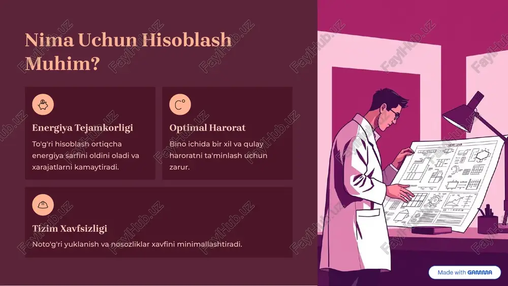 -with-gamma radiatorlar va issiqlik uzatish radiatorlar xonaga issiqlik uzatishning asosiy elementidir. ularning quvvati xonaning issiqlik yo'qotishiga mos kelishi kerak. panel radiatorlar yuqori issiqlik uzatish samaradorligi va arzon narx. alyuminiy radiatorlar tez qiziydi, yengil va estetik ko'rinishga ega. cho'yan radiatorlar uzoq muddat issiqlikni saqlaydi, ammo sekin qiziydi. https://gamma.app/?utm_source=made-with-gamma gidravlik hisoblashning ahamiyti gidravlik hisoblash - bu quvurlardagi suv oqimini va bosim yo'qotilishini aniqlash jarayoni. bu tizimning bir xil ishlashini ta'minlaydi. oqim tezligi har bir quvur bo'lagidagi suv tezligini aniqlash. bosim yo'qotilishi quvur uzunligi va armaturalardagi qarshilikni hisoblash. nasosni tanlash tizimdagi umumiy bosim yo'qotilishiga mos keladigan nasosni tanlash. https://gamma.app/?utm_source=made-with-gamma samaradorlikni oshirish strategiyalari isitish tizimining uzoq muddatli samaradorligini ta'minlash uchun quyidagi choralarni ko'rish zarur: termostatik klapanlar har bir radiatorga o'rnatish orqali xona haroratini individual nazorat qilish. zonalash binoni alohida isitish zonalariga bo'lish va ularni mustaqil boshqarish. izolyatsiyani yangilash devorlar, derazalar va quvurlarning issiqlik izolyatsiyasini yaxshilash. https://gamma.app/?utm_source=made-with-gamma qulaylik va avtomatlashtirish aqlli tizimlar zamonaviy isitish tizimlari …