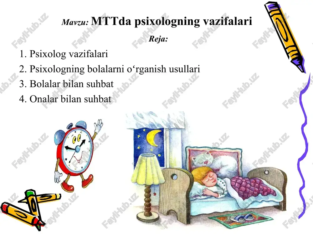 iy iqtidorli tarbiyalanuvchilarni psixologik jihatdan qoʻllash, ularning rivojlanishi va izlanishlariga koʻmaklashish, rivojlanishidagi (aqliy, jismoniy, hissiy), turli koʻrinishdagi ijtimoiy rivojlanishga taalluqli chetlanishlar darajasini aniqlash va ularni psixologik-pedagogik jihatdan tuzatish ishlarini amalga oshiradilar. tarbiyalanuvchilar pedagogik jamoa, ota-onalar (ularning oʻrnidagi kishilar)da psixologik va maʼnaviy tarbiya madaniyatini shakllantirishda hizmat qiladilar. maktabgacha taʼlim tashkilotlari tarbiyalanuvchilar pedagogik xodimlar, ota-onalar (ularning oʻrnidagi kishilar) ijtimoiy-psixologik xabardorlik darajasini oshirishga yoʻnaltirilgan psixologiyani amalda qoʻllashlari lozim. maktabgacha taʼlim tashkilotlari psixologlari tashkilot rivojlanishi masalalarida maslahatlar beradilar. psixologning bolalarni oʻrganish usullari maktabgacha yoshdagi bolalar psixologiyasini oʻrganishda maktabgacha yoshdagi bolalarda sifat oʻzgarishlari tezlashganligini inobatga olgan holda bu davrni uch bosqichga taqsimlab oʻrganish maqsadga muvofiq hisoblanadi: kichik maktabgacha yosh davr (3 yoshu bir oylikdan 4 yoshgacha); oʻrta maktabgacha yosh davr (4 yoshu bir oylikdan 5 yoshgacha); katta maktabgacha yosh davri (5 yoshu bir oylikdan 6 yoshgacha); maktabga tayyorlov yosh davri (6 yoshu bir oylikdan 7 yoshgacha). bolalar bilan suhbat maktabgacha taʼlim tashkilotlari psixologlarining bolalar bilan …