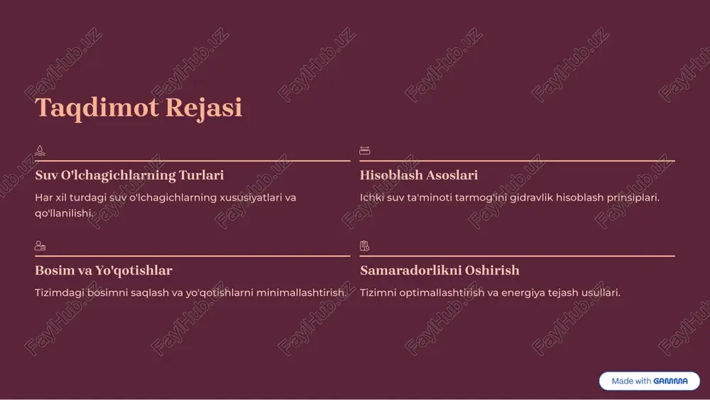 hiliklar (burilishlar, klapanlar) tufayli yuzaga keladi. https://gamma.app/?utm_source=made-with-gamma gidravlik qarshilikni hisoblash bosim yo'qotishlari ikki asosiy komponentdan iborat bo'ladi: uzunlik bo'yicha yo'qotishlar quvurning ichki devorlari bilan ishqalanish natijasida yuzaga keladi. darcy-weisbach yoki shezi-manning formulalari qo'llaniladi. h =f » ç ç d l 2g v2 mahalliy yo'qotishlar quvur armaturalari, burilishlar, klapanlar va boshqa o'zgarishlar joylarida yuzaga keladi. mahalliy qarshilik koeffitsientlari (·) ishlatiladi. h =m · ç 2g v2 eslatma: hisoblashda quvurlarning ichki sirtining g'adir-budurligi (material va eskirish) muhim rol o'ynaydi. https://gamma.app/?utm_source=made-with-gamma suv o'lchagichning bosimga ta'siri suv o'lchagichlar tizimga qo'shimcha mahalliy qarshilik kiritadi, bu esa bosim yo'qotilishiga olib keladi. qarshilik koeffitsienti (·) har bir o'lchagich turi uchun ishlab chiqaruvchi tomonidan beriladi. bu qiymat o'lchagichning ichki tuzilishiga bog'liq. bosimning ruxsat etilgan yo'qotilishi o'lchagichdagi bosim yo'qotilishi odatda 0.05 mpa (0.5 bar) dan oshmasligi kerak. optimal joylashuv o'lchagichdan oldin va keyin to'g'ri quvur qismlarini ta'minlash aniqlikni oshiradi. https://gamma.app/?utm_source=made-with-gamma tizim bosimini tekshirish eng uzoq va eng baland nuqtada …