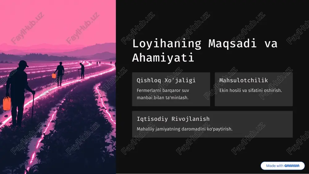 ri �4eoslar va boshqaruv tizimi. 25-& qurilish xarajatlari kanallar va trubkalar. 20-& texnik xizmat ochiqlash va ta'mir. https://gamma.app/?utm_source=made-with-gamma xulosa va keyingi qadamlar loyiha tayyorlash muhandislik hisob-kitoblari va dizayn. moliya qo'llash byudjet va investitsiya jalb qilish. qurilish va o'rnatish tarmog'i qurilishi va sinov. boshqaruv va rivojlanish barqaror ishlash va kengayish. https://gamma.app/?utm_source=made-with-gamma