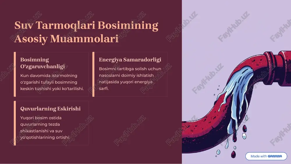 rish strategiyalari. 30% nasoslarni yangilash eski nasoslarni yuqori samarali modellar bilan almashtirish. 15% bosimni optimallashtirish keraksiz yuqori bosimni kamaytirish orqali energiya tejash. 20% oqishlarni bartaraf etish suv yo'qotishlarini kamaytirish orqali nasos ish yukini yengillashtirish. https://gamma.app/?utm_source=made-with-gamma suv ta'minoti quvurlari turlari polietilen (pe) quvurlar korroziyaga chidamli, yengil va egiluvchan. shahar tarmoqlari uchun eng mashhur tanlov. cho'yan (ductile iron) quvurlar yuqori bosimga va mexanik shikastlanishga juda chidamli. katta magistral liniyalar uchun ideal. https://gamma.app/?utm_source=made-with-gamma tizimning ishonchliligi va xavfsizligi ikki tomonlama ta'minot favqulodda vaziyatlarda uzluksiz suv yetkazib berish uchun zaxira liniyalarni yaratish. seysmik chidamlilik zilzila xavfi yuqori bo'lgan hududlarda maxsus egiluvchan ulanishlardan foydalanish. kiberxavfsizlik aqlli boshqaruv tizimlarini tashqi hujumlardan himoya qilish. https://gamma.app/?utm_source=made-with-gamma kelajakdagi trendlar: aqlli suv tarmoqlari aqlli tarmoqlar ma'lumotlarni tahlil qilish orqali oqishlarni erta aniqlash va bosimni avtomatik boshqarish imkonini beradi. https://gamma.app/?utm_source=made-with-gamma xulosa va keyingi qadamlar suv ta'minoti tizimlarining bosimini optimallashtirish va zamonaviy jihozlar bilan ta'minlash shahar infratuzilmasining barqarorligi va energiya samaradorligi uchun hal …