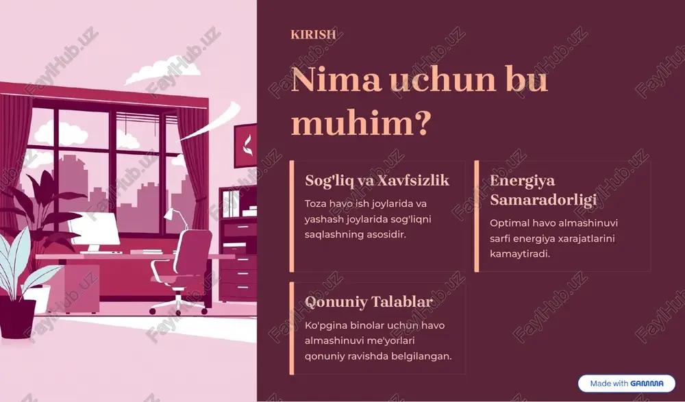 mlar ketma-ketligi ventilyatsiya sarfini hisoblashning tizimli jarayoni. 1. xona hajmini aniqlash xonaning uzunligi, kengligi va balandligini o'lchang (v). 2. almashinuv me'yorini tanlash xona turiga qarab mos keladigan "n" koeffitsiyentini tanlang. 3. hajm bo'yicha hisoblash q_hajm = v × n formulasini qo'llang. 4. odam bo'yicha hisoblash agar kerak bo'lsa, q_kishi = (kishi soni) × (me'yor) formulasini qo'llang. 5. eng kattasini tanlash ikki hisob-kitobdan (q_hajm va q_kishi) kattasini tanlang. bu minimal talabdir. https://gamma.app/?utm_source=made-with-gamma vizual misol: kichik ofis hajm va odamlar soni bo'yicha hisob-kitoblarni taqqoslash. xona ma'lumotlari uzunlik: 5 m kenglik: 4 m balandlik: 3 m kishi soni: 4 kishi ofis uchun n: 2.0 soat{¹ kishi boshiga me'yor: 30 m³/soat hisoblash natijalari 60 hajm bo'yicha (m³) v = 5x4x3 = 60 m³ 120 q_hajm (m³/soat) 60 m³ × 2.0 soat{¹ = 120 m³/soat 120 q_kishi (m³/soat) 4 kishi × 30 m³/soat = 120 m³/soat minimal talab qilinadigan havo sarfi: 120 m³/soat. https://gamma.app/?utm_source=made-with-gamma qo'shimcha …