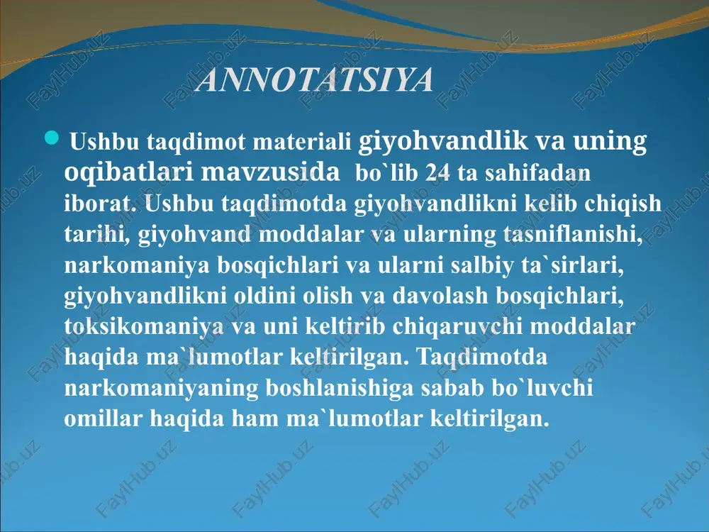 ga quyidagilarni kiritdi: alkogol - barbiturat moddalar tipi: etil spirti, barbituratlar, sedativ - meprobronat, xloralgid va boshqalar. amfetamin tipidagi moddalar: anfetamin, fenmetrazin. kannabis tipidagi moddalar: marixuana, gashish. kokain tipidagi: kokain, koka barglari. gallyutsinogen moddalar: lsd, meskalin. kata tipidagi moddalar. opiada tipidagi: morfin, geroin, kofein, metdon. efir suyuqliklari tipidagi moddalar: toluol, atseton, tetroxlormetan. qodirjon ro’ziyevning ‘’valeologiya asoslari’’ kitobida narkomaniyani quyidagicha tasniflaydi: tabiiy va sun’iy morfin va morfin guruhiga kiruvchi vositalar tibbiyotda qo’llaniluvchi ayrim tinchlantiruvchi, uxlatuvchi, surgi dorilari ichkilikbozlik – alkogolizm. bunda asosiy ta’sir etuvchi modda etil spirti (alkogol) hisoblanadi nikotin va kannabiollar o’simliklardan – tamaki, ko’knori, nasha, kanop, koka o’simligi; preparatlardan – papiroslar, tamaki, sigaretalar, nosvoy, marixuana, plan, xek, lcd va boshqa yangi kimyoviy – sintetik, zaharli o’ziga o’rgatib qo’yuvchi va kayf keltirib chiqaruvchi moddalar aroqlar, kon’yaklar, brendi, rom, vinolar, portveynlar, viski, musallas, shampan vinosi, pivo va boshqa tarkibida alkogol tutuvchi ichimliklar. valeriana, sibazon, eunoktin, fenozepam va boshqalar , barbiturat kislota …