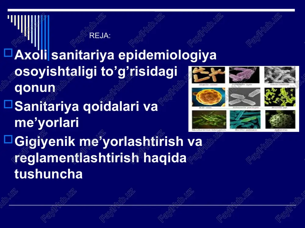 i. boradi. : insoniyat bugungi kunda juda katta miqdorlardagi fizikaviy, kimyoviy, biologik, radiologik va ijtimoiy-gigiyenik omillar ta’sirida yashamoqda. bu omillarning tabiati va ta’sir etish darajasi u yoki bu ko‘rinishdagi patologiyaning kelib chiqishini belgilab beradi. masalan, butun dunyo sog‘liqni saqlash tashkilotining bergan ma’lumotiga ko‘ra 80% kasalliklarning kelib chiqishi sifatsiz ichimlik suvini iste’mol qilish bilan bog‘liqdir. ko‘pchilik kasalliklarning oldini olishda atrof-muhit omillari inson organizmi uchun muvofiq bo‘lishi lozim. atrof-muhitning shunday parametrlari gigiyenik me’yorlar, qoidalar, reglamentlari hisoblanadi, ularni ko‘pincha "gigiyenik me’yorlar" deb nomlanadi. ammo shuni hisobga olish kerakki, barcha gigiyenik me’yorlar uchun o‘zining xususiyatlari mavjuddir. gigiyenik me’yorlar, qoida bo‘yicha doimo faoliyat ko‘rsatuvchi va inson uchun kerakli omillar hisoblanadi. masalan, ovqatlanishning gigiyenik me’yorlari, mikroiqlim me’yorlari, suv iste’moli me’yorlari mavjud. gigiyenik (sanitar) qoidalar - tabiatda bor bo‘lgan u yoki bu omilga bo‘lgan gigiyenik talablarning og‘zaki ta’rifi hisoblanadi. masalan, sanitariya qoidalariga suv manbayini tanlashga bo‘lgan talablar yoki suv manbai atrofiga o‘rnatiladigan sanitariya himoya zonalarini aytish mumkin. …