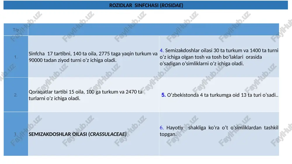 ri bilan teng miqdorda bo‘lib, ularning asos qismiga birikkan holda bo‘ladi. sinergidlar - tuxum hujayraning ikki ѐnida joylashgan yo'ldosh hujayralar, ularda xromosomalar gaploid sonda bo'ladi. 4 qoraqatdoshlar – ikki urugʻpallalilarga mansub oʻsimliklar oilasi. oʻt, buta va kichik daraxtlardan iborat. barglari oddiy, yon bargchasiz, ketma–ket qarama–qarshi yoki rozetka holida joylashgan. gullari ikki jinsli, aktinomorf, toj–barglari 5, baʼzan 4 ta, bittadan yoki toʻpgullarga yigʻilgan. qoraqatdoshlar oilasi (grossulariaceae) (saxifragaceae oilasidan ajratilgan) mevasi koʻsakcha, 35 turkumi (600 turi) mavjud, asosan, shim. yarim sharning sovuq va moʻʼtadil mintaqalarida, ayniqsa, togʻlarda tarqalgan. ribes nigrum oʻzbekistonda 4 turkumga mansub 6 turi oʻsadi. *ch5l5t5p2. 5 smorodina, qoraqat (ribes) –qoraqatdoshlar oilasiga mansub butasimon kup yillik usimliklar turkumi, rezavor meva. oʻzbekistonda r. janczewskii a. pojar (yanchevskiy si) va r. meyeri maxim (meyer si) togʻli hududlarda butazorlar orasida; soylarda, tog‘ yon bagʻirlarida yovvoyi holda oʻsadi. mevasi mayda, yumaloq, shingilli, baʼzan donadona, bandidan oson uziladi. novdalari silliq, baʼzan, tikanli, bargi bandli, gullari …
