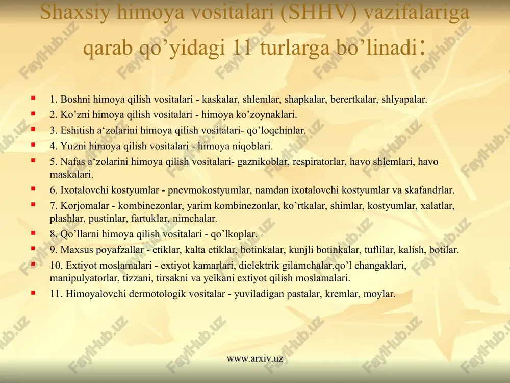i bajarish: 1) korxonalarida ishchilar foydalaniladigan himoya vositalarning turlarini sanab bering. 2) himoya vositalariga qo‘yiladigan talablarni ayting va har birini izoxlab bering. 3) nafas a’zolarini himoya qilish vositalariga nimalar kirishi va ularning turlarini aytib bering. 4) ko‘zni himoyalovchi vositalar, turlari va ularning vazifalarini aytib bering. 5) korxonalarida shaxsiy himoya vositalari bilan ta’minlash, ularni almashtirish va ta’mirlashda korxona mabmuriyatining vazifalarini sanab bering. www.arxiv.uz www.arxiv.uz ixotalovchi kostyumlar www.arxiv.uz www.arxiv.uz gazga qarshi niqoblar: www.arxiv.uz www.arxiv.uz nafas a'zolarining himoyalovchi vositalari filtrlovchi va ayruvchi vositalardan iborat. filtrlovchi vositalarga quydagilar kiradi: protivogazlar g11-5, gp-5m, gp-7, gp-7v, dp-6, dp-6m, pdf-7, pdf-d, pdf-sh; respiratorlar r-2, r - 2d, ru-60m; kameralar— kzd -4, kzd-7. ayiruvchi vositalarga ip- 4, ip - 6, ip-46, kip-5, kip- 7, kip -8 kiradi. sanoatda tayyorlangan vositalardan tashqari nafas a'zolarini himoyalash uchun oddiy vositalardan foydalanish mumkin. ularga paxta -doka bog'lami va changga qarshi matoli maska ptm -i kiradi. protivogazlar nafas a'zolarini, yuz va ko'zni rm, …