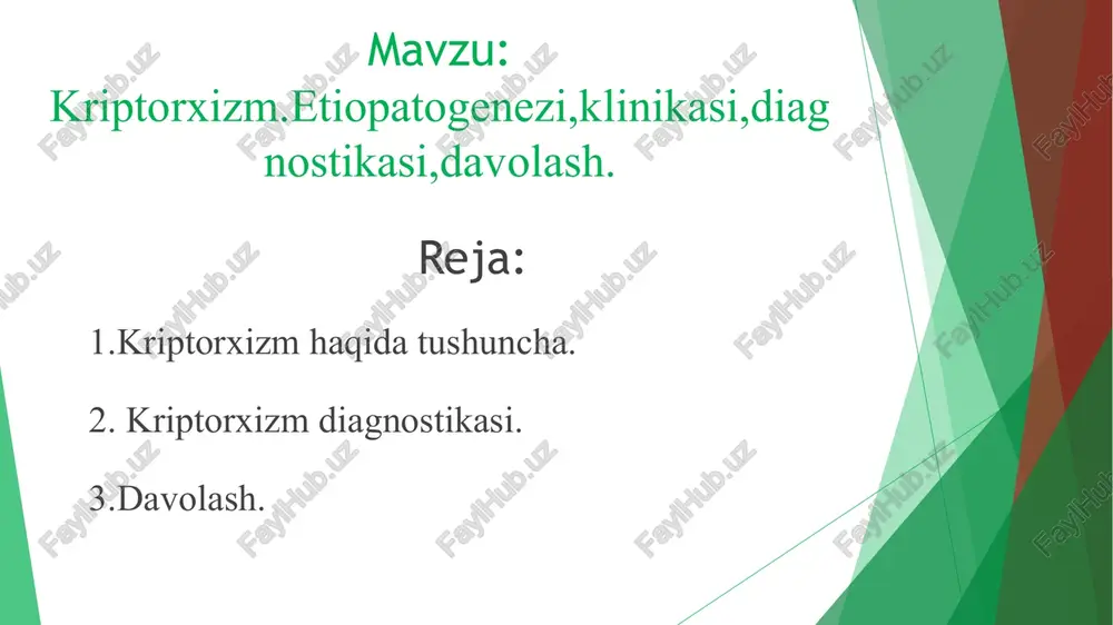 opin bilan sinama o’tkazish. kriptorxizmni davolash: konservativ davo - xirurgik davo. konservativ davo. gipotalamus va gipofiz gormonlari. gonadotropin va uning antogonistlari ( xronik gonadotropin ). vitaminoterapiya – vitamin e kopleks. xirurgik davo. operativ davo – moyaklar fiksatsiyasi. xirurgik davo.