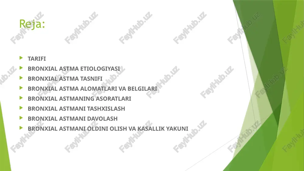 ni faol holatda ushlab turadi. bronxial astma etiologiyasi gapten allergen deb atalmish, oqsil tuzilishli bo’lmagan allergenlar inson organizmiga tushishi va uning oqsillari bilan bog’lanishi natijasida ham allergik xurujlar yuzaga kelishi va bronxial astma xavfini oshiradi. sovuq qotish, nasliy tarix va stress holatlari kabi omillar ham broxial astma etiologiyasida muhim o’rin tutadi. bronxlarning o’zgarishi asosida organizmning sensibilizasiyasi (sezuvchan bo’lib qolishi)yotadi. anafilaksiya shaklida kechuvchi tezkor allergik reaktsiyalar natijasida organizm anitanalar ishlab chiqaradi va o’sha allergen qayta kuzatilsa tezda gistamin chiqarilishi yuzaga keladi, u esa bronx shilliq qavatining shishishiga va va bezlarning gipersekretsiyasiga olib keladi immunokompleks allergik reaktsiyalar va kechiktirilgan sezuvchanlik reaktsiyalari shunga o’xshash tarzda rivojlanadi, ammo sustroq alomatlar bilan namoyon bo’ladi. so’nggi yillarda qondagi kalsiy miqdori ham moyillik omili sifatida qaralmoqda, chunki ortiqcha kaltsiy spazmga olib kelishi mumkin, shu jumladan, bronxial mushaklar spazmlarini ham. nafas qisilishi natijasida vafot etganlarning patologoanatom tekshiruvlarida bronxlarning yopishqoq, quyuq shilliq bilan to’liq yoki qisman to’silib qolishi va …