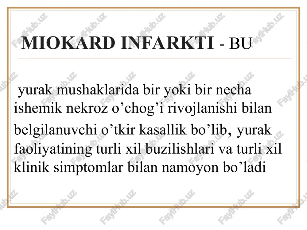 70–80% da namoyon bo’ladi 2. bu davrdagi klinik belgilar umuman nostabil stenokardiyani eslatib quyidagilar bilan xarakterlanadi - ochen bistrim progressirovaniem stenokardii napryajeniya, poyavleniem povtornix tyajelix i dlitelnix pristupov stenokardii pokoya, - otritsatelnoy dinamikoy ekg, o’ta o’tkir davrning klinik belgilari. yurak sohasida og’riq ayni bemor uchun kuchli, noodatiy intensivlikdagi og’riqlar; davomiyligi cho’zilgan (30 min. dan ko’p); nitroglitserinnig samarasizligi; og’riq lokalizatsiyasining kengligi; to’lqinsimon og’riqlar og’riq irradiatsiyasining kengligi; ko’pincha boshqa shikoyatlar bilan birga bo’lishi. (ko’ngil aynish, qusish, bosh aylanishi….) o’tkir davrning klinik belgilari. og’riqlar yo’q isitma – subfebril 4-7 kun hansirash (shart emas) yurak urishi (shart emas) o’tkir osti davrining klinik ko’rinishi. nekroz sohasida biriktiruvchi to’qimadan iborat chandiq hosil bo’ladi, shikoyatlar yo’q asoratlangan infarktda surunkali yurak yetishmovchiligi shakllanishi mumkin. mi asoratlari: o’tkir chap qorincha yetishmovchiligi (o’pka shishi); kardiogen shok; qorincha va qorincha usti ritm buzilishi; o’tkazuvchanlikning buzilishi (sa-blokada, av-blokada, gis tutami oyoqchalari blokadasi); chq o’tkir anevrizmasi; miokardning ichki va tashqi yorilishi, yurak tamponadasi; …