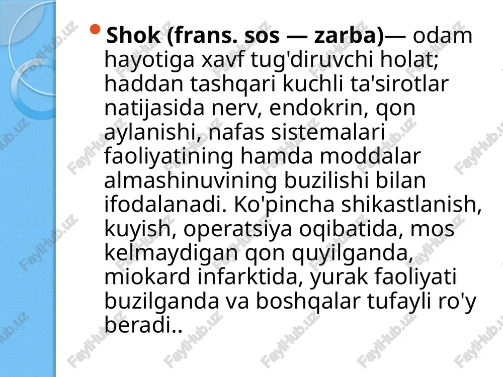 b yuboriladi. qon bosimi 95-100ga yetsa to'xtatiladi 4. aritmiya bo'lsa lidokain 2% 10ml + natriy xlorid 0.9% 100ml v/i/t 5. polyarizatsiyalovchi aralashma glyukoza 5% 500ml + insulin 10tb + kaliy xlorid 1g v/i/t 6. agar qon tomirlar kengaysa, noradrenalin 0.2% 1-2ml + natriy xlorid 0.9% - 200ml v/i/t miokard infarkti deb, yurakdagi toj arteriyalardan birining birdan tiqilib qolishi natijasida ro‘y beradigan holatiga aytiladi. bunda yurak muskuli nekrozga uchraydi. miokard infarkti aksariyat ateroskleroz, gipertoniya kasalligi bilan kasallangan shaxslarda sodir bo‘ladi. stenokardiyani bu kasallikning darakchisi deb hisoblaydilar, biroq ba’zan miokard infarkti to‘satdan yuz beradi. klinikasi. yurak sohasida yoki to‘sh orqasida og‘riq to‘satdan paydo bo‘lib, chap yelkaga, chap kurakka, pastki jag‘ga va tananing boshqa qismlariga o‘tadigan og‘riq miokard infarkti-ning asosiy simptomi hisoblanadi. stenokardiyadagi og‘riqdan farqli ravishda miokard infarktida og‘riq uzoqroq (bir necha soatgacha) bo‘ladi, toj arteriyalarni kengaytiradigan vositalar (validol, nitroglitserin) qabul qilingandan keyin bosilmaydi davolash. miokard infarktining davosi maxsus tez yordam mashinalar brigadasida, …