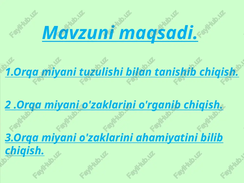 bul qiladigan va oyoqlarga harakat impulslarini yuboradigan sohadir. orqa miya o'zaklarini ahamoyati. ko‘ndalang kesimda, orqa miyaning periferik qismi sezuvchi va harakatlantiruvchi aksonlardan iborat neyronal oq modda traktlarini saqlaydi. bu periferik sohadan ichkarida kulrang modda joylashgan va unga kapalak shaklini beruvchi uchta kulrang ustunlar bo‘ylab joylashgan nerv hujayralari tanalaridan iborat. bu markaziy soha to‘rtinchi qorinchaning davomi bo‘lgan markaziy kanalni o‘rab turadi va unda miya suyuqligi bo‘ladi. orqa miya ko‘ndalang kesimda ellips shaklida, dorsolateral qisilgan. ikkita mashhur o‘yiqlar yoki egatlar uning uzunligi bo‘ylab ketgan. orqa o‘rta egat (lot. sulcus medianus posterior) orqa tomodagi va oldingi o‘rta egat (lot. sulcus medianus anterior) oldingi tomondagi egatlardir. foydalanilgan adabiyotlar. 1. ahmedov .a. anatomiyasi. 2.kolesnikov. anatomiya chelovika. 3.www. ziyonet . uz.. xulosa. orqa miyani tuzulishini va ularni joylashuvini hammda ahamiyani bildik .odamm hayotida ahamiyatlarni orqa miyani vazifalarini bildik.o'zaklarini joylashuvi va va ularni ahamiyatini bildik. image1.png image2.png image3.png