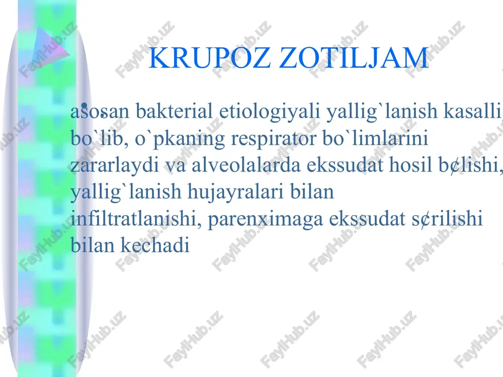 rda mikroorganizmlar aniqlanadi. 2 bosqich – qizil jigarlanish – 1-3 sutka davom etadi, alveolalar va mayda bronxlarga qon shaklli elementlari (asosan eritrositlar)ning diapedezi va plazma o?sillarining (asosan fibrin) chi?ishi natijasida shikastlangan soxa xavosiz, zich va qizil rangda bo`ladi. 3 bosqich – kulrang jigarlanish – 2-6 sutka davom etadi, o`pka kesmada kulrang-sariq tusli bo`ladi, alveolalar mikroskopiyada fagositlangan mikroblar tutgan k¢p mi?dorli neytrofillari bilan to`ladi. 4 bosqich – so`rrilish bosqichi – asta-sekin fibrinning so`rilishi bilan kechadi. alveolyar epiteliyning ajralishi, alveolalarning mikrob tutgan neytrofillarni fagositlagan makrofaglar bilan t¢lishi. bos?ich davomiyligi jarayon tarqalganligi, o`tkazilgan davo, organizm reaktivligi, qo`zg`atuvchining virulentligiga boqliq klinika – ko`pincha o`tkir, tusatdan, qaltiroq bilan boshlanadi shikoya tla r · jarayonga plevra qo`shilishi natijasida chuqur nafas olganda kuchayuvchi ko`krak qafasida og`riqlar, asta-sekin avj olib boruvchi xansirash bosh og`rig`i, darmonsizlik. umumiy intoksikasiya belgilari talvasa b¢lishi darajasigacha ifodalanadi. 2-3 kundan boshlab balg`am ajraladi, avval oz miqdorda, qovushqoq, keyinchalik miqdori oshib boradi va jigarrang-qizil tusga …