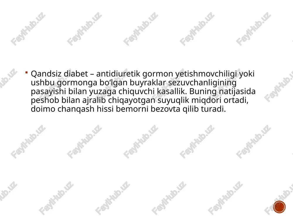 turlarga boʻlinadi. simptomatik qandli diabet inson hayoti davomida rivojlanishi mumkin (orttirilgan), koʻpincha bunga bosh miya jarohatlari, oʻsma kasalliklari, meningoensofalit sabab boʻlishi mumkin. qandsiz diabetning buyrak bilan bogʻliq turi juda kam uchraydi. bunga sabab buyrak nefronlarining toʻliq tuzilmaganligi yoki ularning adg gormoniga sezuvchanligining pasayishidir. bu patologiya tugʻma boʻlishi yoki nefronlarning dori preparatlari taʼsiri, metobolik oʻzgarishalar natijasida kelib chiqishi mumkin. qandsiz diabet sabablari koʻpincha qandsiz diabetning markaziy turi uchraydi. bunga sabab gipotalamo-gipofizar tizimdagi oʻsmalar, neyroxirurgik aralashuvlar, qon tomirlar bilan bogʻliq muammolar, sil, malyariya, sifilis (zahm) sababli zararlanishi boʻlishi mumkin. idiopatik qandsiz diabetda gipotalamo-gipofizar tizimda organik oʻzgarishlar kuzatilmaydi, gormon sintez qiluvchi hujayralarga qarshi antitelolar ishlab chiqariladi va ular ushbu hujayralarni nobud qiladi. qandsiz diabet belgilari qandsiz diabetning tipik belgilariga poliuriya (koʻp peshob ajralishi) va polidipsiya kiradi. poliuriya – sutkalik peshob miqdorining koʻpayishi (4-10 litr, baʼzida 20-30 litrgacha) bilan namoyon boʻladi. bunda peshob rangsiz, kam miqdorda tuz saqlaydi va nisbiy zichligining pasayishi (1000-1003) ham …