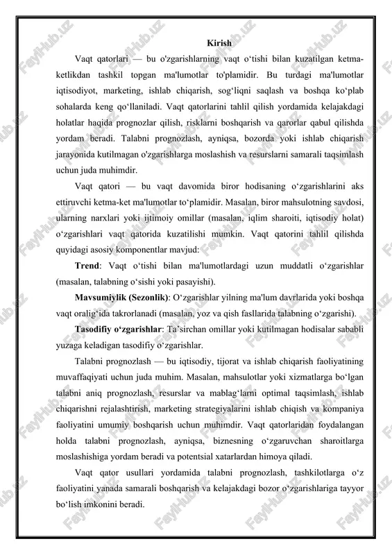 ozlash, ayniqsa, biznesning o‘zgaruvchan sharoitlarga moslashishiga yordam beradi va potentsial xatarlardan himoya qiladi. vaqt qator usullari yordamida talabni prognozlash, tashkilotlarga o‘z faoliyatini yanada samarali boshqarish va kelajakdagi bozor o‘zgarishlariga tayyor bo‘lish imkonini beradi. vaqt qatorlarining xususiyatlari vaqt qatorlarini tahlil qilishda har bir qatorning o‘ziga xos xususiyatlarini aniqlash va tushunish juda muhimdir. bu xususiyatlar yordamida talabning qanday o‘zgarishini prognozlash va tahlil qilish mumkin. vaqt qatorlarining asosiy xususiyatlari quyidagilardir: 1. trend (trend component) trend — bu vaqt o‘tishi bilan talabning uzun muddatli o‘zgarishlarini ifodalaydi. trend talabning umumiy yo‘nalishini, ya'ni o‘sishi yoki pasayishini ko‘rsatadi. trendning bo‘yicha prognoz qilish, kelajakdagi talabning qanday o‘zgarishini aniqlashda yordam beradi. xususiyatlari: o‘sish trendi: talab vaqt o‘tishi bilan ortadi (masalan, texnologiya yoki internet mahsulotlariga bo‘lgan talab). pasayish trendi: talab pasayadi (masalan, eski texnologiyalar yoki eskirgan mahsulotlar). muntazam yoki o‘zgaruvchan trend: ba'zan trend barqaror bo‘ladi, ba'zida esa to‘satdan o‘zgarishlar yuz beradi. misol: elektron tijorat sohasidagi talabning o‘sishi, ayniqsa pandemiya davrida …