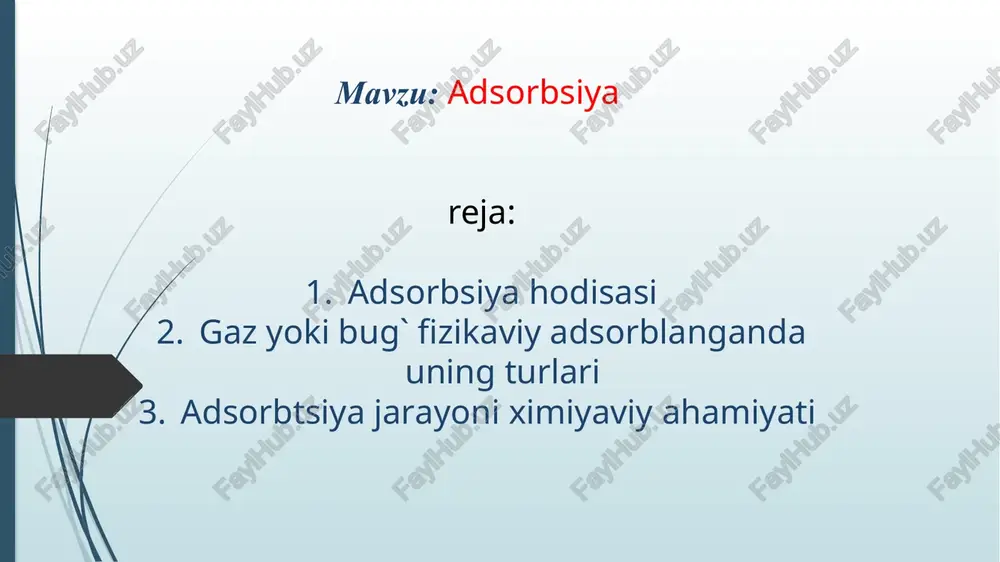 a aylanadi. bu hodisa kapillyar kondensatsiya deyiladi. adsorbilangan gaz qattiq jism sirtiga bir yoki bir necha qatlam molekulalardan iborat bo`lishi mumkin. shunga qarab adsorbsiyalanish monomolekulyar yoki polimolekulyar adsorbilanisg deb nomlanadi. gaz yoki bug` fizikaviy adsorblanganda quyidagi 4 ta belgi kuzatiladi: 1) adsorbsiya deyarli katta tezlik bilan boradi; 2) adsorbsiya qaytar tarzda boradi; 3) temperatura oshganida adsorblanish kamayadi; 4) adsorbsiyaning issiqlik effekti qiymat jihatidan suyuqlanish yoki bug`lanish issiqliklariga yaqin bo`ladi. 2. sorbsiya usulini namoyish qilish 3. adsorbsion muvozanat, adsorbtsiya issiqligi va entropiyasi adsorbtsiya xodisasi xam xuddi suyuklikning bulanishi, moddaning suvda erish kabi uaytar jarayondir. bu erda bir – biriga uarama – uarshi ikki jarayon buladi: biri moddaning yutilishi bulsa, ikkinchisi yutilgan moddaning adsorbent sirtidan chiuib ketishi (yaoni desorbtsiya) dir. xar qanday uaytar jarayondagi kabi, bu erda xam yutilish jarayoni avval tez boradi, sungra yutilish va ajralib chiuish jarayonlarining tezliklari baravarlashib, sistema adsorbtsion muvozanat xolatiga keladi. odatda, adsorbtsion muvozanat juda tez (sekundlar …