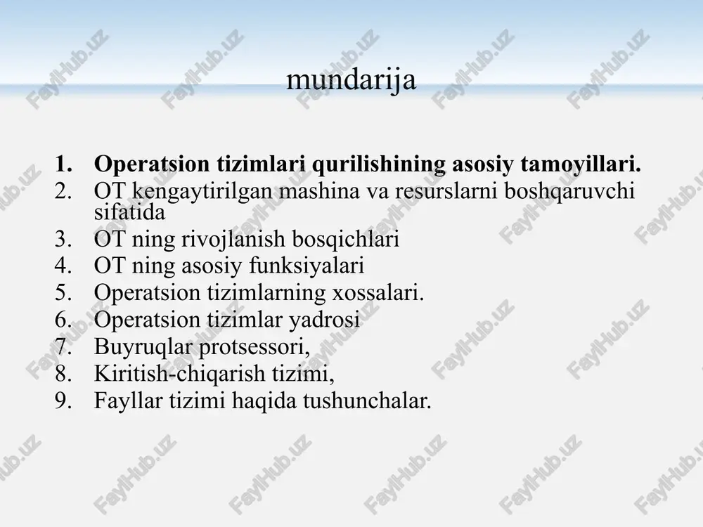 uchun uzatadi. ot yadrosi ot yadrosi – kompyuterning tezkor xotira qurilmasiga yuklanadi, unda ot ishi yakunlanguniga qadar qolib, kompyuterni ishlashi uchun asosiy yuqori darajali xizmatlarni amalga oshiradi. ot yadrosi quyidagi qism tizimlarga bo'linadi: fayl tizimi (saqlash qurilmalaridagi axborotlarning joylashuvini nazorat qiladi); xotirani boshqarish tizimi (dasturlarni xotiraga joylashtiradi); dasturlarni boshqarish tizimi (dasturni ishga tushirish va ishlashini ta'minlash) qurilmalar drayverlari bilan bog'lanish tizimi xatoliklarga ishlov berish tizimi vaqt xizmati (o'rnatilgan dasturlarni tizim vaqtini haqidagi axborot bilan ta'minlaydi) drayverlar drayverlar – tashqi qurilmalarning fizik darajada ishlashini boshqaruvchi dasturlardir. ular kompyuterning tashqi qurilmalardan ma'lumotlarni qabul qiladi va ularga uzatadi hamda qurilmalar xossalariga bog'liq bo'lmagan holda foydalanuvchilarga ma'lumotlarni taqdim qiladilar buyruqli protsessor buyruqli protsessor – bu quyidagilarni ta'minlovchi dasturdir: klaviaturadan yoki buyruqli fayldan olingan buyruqlarni qabul qiladi va sintaktik tahlil qiladi; otning ichki buyruqlarini bajaradi (fayllar bilan ishlovchi asosiy buyruqlar – type, dir, cd …); tashqi buyruqlarni yuklash va bajartirish (masalan, com, exe, bat kengaytmali …