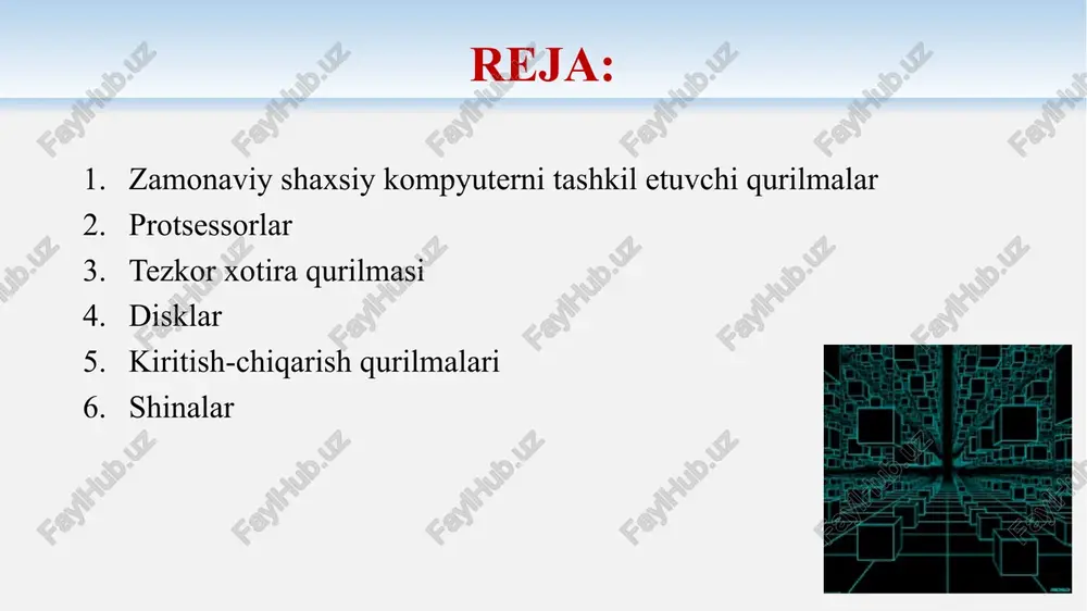 elkalar oqim yo'nalishlarini ko'rsatadi. protsessorlar har bir protsessor turi o'zi bajarishi mumkin bo'lgan buyruqlar to'plamiga ega. bir protsessor boshqa protsessorlar uchun yozilgan dasturlarni ishga tushira olmaydi. buyruq yoki ma'lumotni qabul qilish uchun xotiraga kirish buyruqlarini bajarishdan ko'ra ko'proq vaqt talab qilganligi sababli, barcha protsessorlar asosiy o'zgaruvchilar va oraliq natijalarni saqlash uchun o'zlarining bir nechta registrlariga ega bo’ladi. shunga ko'ra, buyruqlar to'plami, qoida tariqasida, so'zni xotiradan registrga yuklash va registrdan so'zni xotiraga saqlash bo'yicha buyruqlarni o'z ichiga oladi. boshqa buyruqlar natija hosil qilish uchun registrlar, xotira yoki ikki joydan ikkita operandni birlashtiradi - masalan, ikkita so'z qo'shiladi va natijani registr yoki xotirada saqlanadi. odatda o'zgaruvchilar va oraliq natijalarni saqlash uchun ishlatiladigan umumiy maqsadli registrlarga qo'shimcha ravishda ko'pgina protsessorlarda dasturchi uchun bir qator maxsus registrlar mavjud. ushbu registrlardan biri buyruqlar hisoblagichi deb ataladi, u keyingi olinadigan buyruq bilan xotira joylashuvining manzilini o'z ichiga oladi. ushbu buyruq olingandan so'ng, buyruq hisoblagichi yangilanadi va …