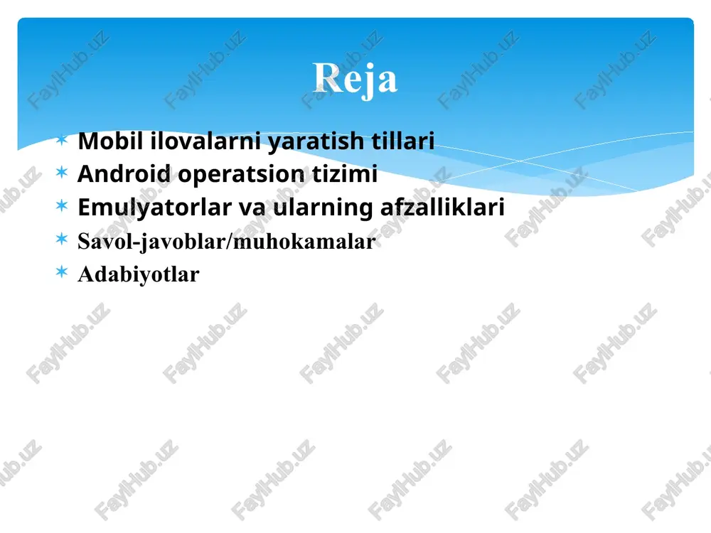 larni bir joyda bajarishga imkon beradi. 4. xml (extensible markup language) android ilovalari interfeyslarini yaratishda xml keng qo‘llaniladi. foydalanuvchi interfeys elementlari xml yordamida dizayn qilinadi va dastur logikasi bilan bog‘lanadi. 5. gradle gradle — bu android ilovalari uchun qurilishni avtomatlashtiruvchi vosita. gradle yordamida dasturlarni ishlab chiqish jarayonini yengillashtiradi va ularning bog‘liqliklarini boshqarish imkonini beradi. android studioni windows, mac os x va albatta linux platformalari uchun ishlab chiqilgan versiyalari mavjud. windows uchun talablar microsoft windows 7/8/10 (32-bit or 64-bit) 3 gb ram minimum, 8 gb ram (tavsiya qilingan) (plus 1 gb android emulator uchun) 2 gb hotiradan joy minimum, 4 gb (tavsiya qilingan) (500 mb ide plus 1.5 gb android sdk uchun va emulator system image uchun) 1280 x 800 minimum ekran o’lchami mac os uchun talablar mac os x 10.10 (yosemite) yoki yuqori, 10.13 gacha (high sierra) 3 gb ram minimum, 8 gb ram (tavsiya qilingan) (plus 1 gb android …