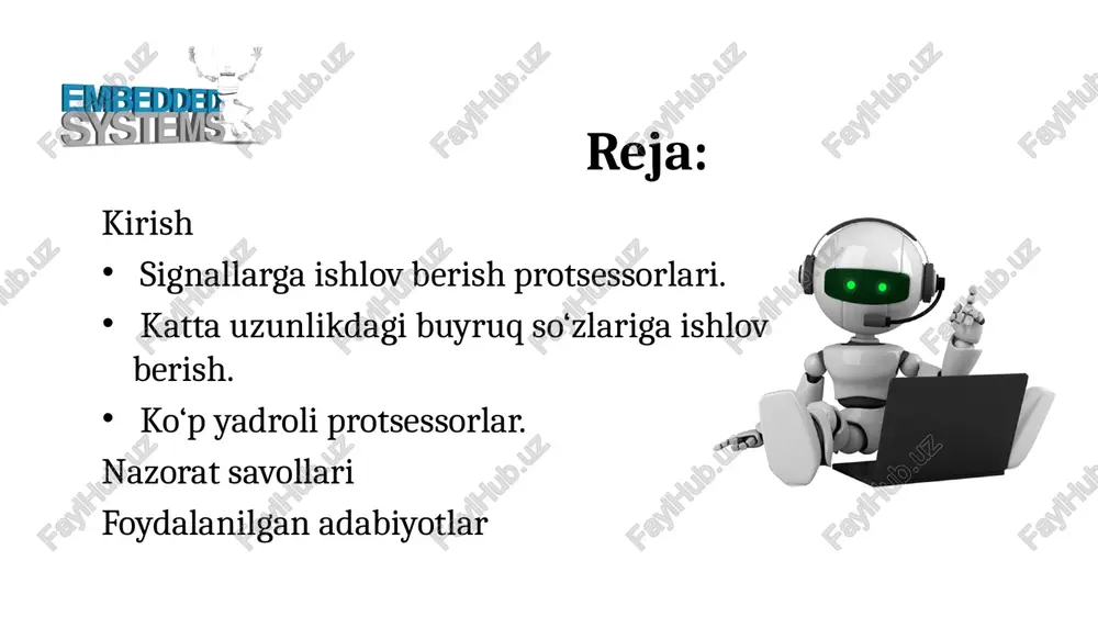 dorning (harorat, bosim, joy almashish) qiymatini elektr signaliga aylantirishdir. bunday holda, ma'lumot kuchlanish, oqim yoki signalning o'zgarishi chastotasi shaklida ifodalanadi. odatda sensor ikki qismdan iborat: - jismoniy parametrni idrok etuvchi sezgir element (mikrofon membranasi, indüksiyon bobini, termojuft, led); - jismoniy parametrni oqim yoki kuchlanishga aylantiruvchi. analog-raqamli konvertorlar - raqamli konvertor (adc) adc (adc converter ) - kirish analog signalini raqamli signalga (raqamli ikkilik kodga ) aylantiruvchi qurilma . vaqtning ixtiyoriy momentida signalning qiymatini o'lchash vazifalari uchun vaqtga qat'iy bog'liq bo'lmagan yagona analog-raqamli konvertatsiyaga ega adc bilan asinxron ish rejimi qo'llaniladi. analog signaldagi o'zgarishlarning funktsional bog'liqligini o'lchash vazifalari uchun adc ning ushbu qurilmalar diskretizatsiya, kvantlash va uzluksiz qiymatlarni kodlashni amalga oshiradi, bu qiymat ikkilik, ikkilik-o'nlik yoki o'nlik sanoq tizimlarida ifodalanadi. 6 adc ning 7 kirish signali diapazoni ( o'lchov oralig'i ) . o'tkazish chastotasi [hz] - analogdan raqamliga o'tkazish chastotasi. dsp terminologiyasida adc konvertatsiya chastotasi raqamli ko'rinishdagi signalning namuna olish chastotasi …