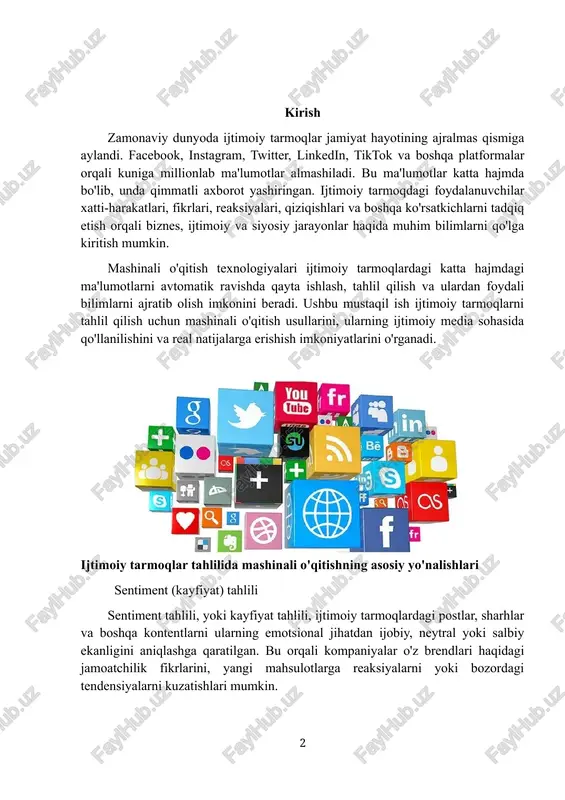 coder representations from transformers) qo'llanilishi: - brend monitoringi - mahsulot va xizmatlar haqidagi fikrlarni tahlil qilish - inqiroz vaziyatlarini boshqarish - siyosiy kampaniyalar davrida jamoatchilik kayfiyatlarini baholash mavzu modellashtirish (topic modeling) mavzu modellashtirish katta hajmdagi matnlar (postlar, sharhlar) to'plamidan asosiy mavzularni avtomatik ravishda aniqlash imkonini beradi. bu usul yordamida ijtimoiy tarmoqlardagi muhokamalarning strukturasi va asosiy yo'nalishlari aniqlanadi 1.2- rasm mavzu modellashtirish (topic modeling) asosiy algoritmlar va usullar - yashirin dirixlet taqsimoti (lda) - salbiy bo'lmagan matritsa faktorizatsiyasi (nmf) - ierarxik dirixlet jarayoni (hdp) - bermavzu - boshqariladigan lda qo‘llanilishi: - trend monitoringi va yangi paydo bo‘layotgan mavzularni aniqlash - foydalanuvchilar qiziqishlariga ko‘ra segmentlash - marketing kampaniyalarini optimallash - mijozlar tashvishlari va fikrlarini aniqlash ijtimoiy tarmoq tahlili (social network analysis) ijtimoiy tarmoq tahlili foydalanuvchilar o‘rtasidagi aloqalar, o‘zaro ta'sirlar va axborot tarqalish jarayonlarini o‘rganishga qaratilgan. bu foydalanuvchilar o‘rtasidagi munosabatlarni graph ko‘rinishida tasvirlash va tahlil qilishni o‘z ichiga oladi. 1.3-rasam ijtimoiy tarmoq tahlili …