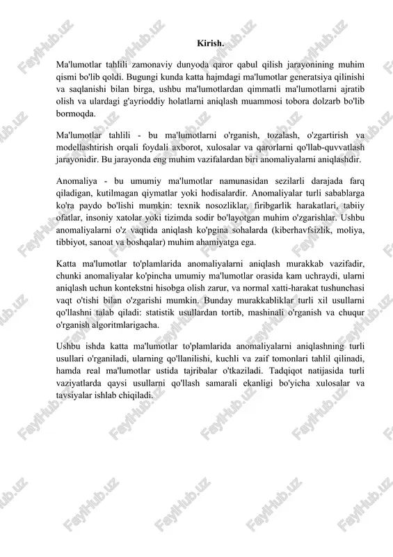 iladi. 2) katta ma'lumotlar tahlili asoslari. ma'lumotlar tahlili turli metod va texnikalarni o‘z ichiga olgan keng yo‘nalish bo‘lib, ma'lumotlardan foydali xulosalar chiqarish va qaror qabul qilish jarayonini osonlashtiradi. quyida ma'lumotlar tahlilining asosiy yo‘nalishlari keltirilgan: 1. deskriptiv tahlil (descriptive analytics) bu yo‘nalish mavjud ma'lumotlarni umumlashtirish va ulardagi naqshlarni aniqlash bilan bog‘liq. ma'lumotlarni statistik tahlil qilish orqali ularning asosiy xususiyatlarini tushunishga yordam beradi. misollar: · sotuvlar statistikasi (oylik daromad o‘zgarishi). · ijtimoiy tarmoqlardagi foydalanuvchilarning faolligini baholash. · sanoat ishlab chiqarish jarayonlarining barqarorligini tekshirish. qo‘llaniladigan usullar: · o‘rtacha qiymat, median, mod · dispersiya, standart og‘ish · vizualizatsiya (grafiklar, diagrammalar) 2. diagnostik tahlil (diagnostic analytics) bu tahlil turlari oldingi natijalarning sabablarini aniqlashga qaratilgan. ma'lumotlardagi o‘zgarishlar yoki anomal hodisalarning sabablarini tushunishga yordam beradi. misollar: · nima uchun mijozlar biror mahsulotni kamroq xarid qila boshladi? · nima sababdan ishlab chiqarish quvvati pasaymoqda? · bank tizimida shubhali tranzaksiyalar nega yuzaga keldi? qo‘llaniladigan usullar: · korrelatsiya va regressiya …