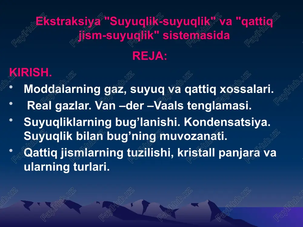 tartib tufayli uning tashqi ko’rinishi ham muntazam geometrik shaklda bo’ladi. modda tuzilishining molekulyar –kinetik nazariyasi uning gaz, suyuqlik va qattiq holatlari orasidagi asosiy farq quyidagilardan iborat ekanligini bildiradi: 1. gaz molekulalari bir –biridan o’z o’lchamlariga nisbatan juda katta masofada joylashganligi uchun ular orasidagi o’zaro ta’sir kuchi hisobga olinmas darajada kichik. shuning uchun gaz molekulalari faqat ilgarilanma harakat qiladi. 2. suyuqlikning zichligi gazning zichligidan ancha katta bo’lganligi uchun suyuqlik molekulalari bir –biriga yaqin joylashgan. shuning uchun ular orasida kuchli o’zaro ta’sir kuchlari mavjud. shu sababli ular biror muvozanat vaziyati atrofida tebranib turib, ahyon bir “o’troq” holatdan boshqasiga sakrab o’tib ilgarilanma harakat qiladi. demak, suyuqlik molekulalari tebranma va ilgarilanma harakat qilar ekan. 3. qattiq jism molekulalari bir –biriga juda yaqin joylashganligi uchun ular juda katta o’zaro ta’sir kuchlari bilan bog’langan. qattiq jism molekulalari qo’shni molekulalarning ta’sir kuchini yengib, o’z o’rnini tashlab keta olmaydi. shu sababli ular faqat tebranma harakat qiladi. 2. real …