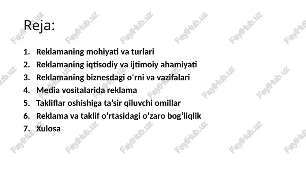 reklama to'g'ridan-to'g'ri e'lon qilingan tashkilotning jabhasiga joylashtiriladi. ichki reklama tashqi reklamaga o'ziga xos antipod bo'lib, bino ichida joylashtiriladi. buning uchun kinoteatrlar, yirik savdo nuqtalari, vokzallar, aeroportlar va katta ichki maydonga ega bo'lgan boshqa ko'plab jamoat joylari ishlatiladi. tranzit reklama turli transport vositalarining tashqi yuzalarida joylashtiriladi. bundan tashqari, jamoat transportida o'rnatilgan ekranlar orqali reklama roliklarini translyatsiya qilish ham keng qo'llaniladi. bosma reklama turli xil broshyuralar, flayerlar, bukletlar va bosmaxonada ishlab chiqarilgan ko'plab boshqa materiallarni o'z ichiga oladi. bunday reklama pochta qutilariga joylashtiriladi, ko'chalarda va tematik tadbirlarda tarqatma materiallar shaklida tarqatiladi, jamoat joylarida devorlarga yopishtiriladi va hokazo. yodgorlik reklamasi korporativ belgilar bosilgan turli yodgorlik mahsulotlarini ishlab chiqarish va tarqatishdan iborat. futbolkalar, magnitlar, qalamlar, fleshkalar va boshqa ko'plab esdalik sovg'alari turli aksiyalar va tadbirlar davomida sovg'a yoki sovrinlar sifatida tarqatiladi. reklamaning mohiyati va turlari reklama — bu tovarlar, xizmatlar yoki g‘oyalarni ommaga tanitish va ularni xarid qilishga undash uchun mo‘ljallangan pullik axborotdir. reklama …