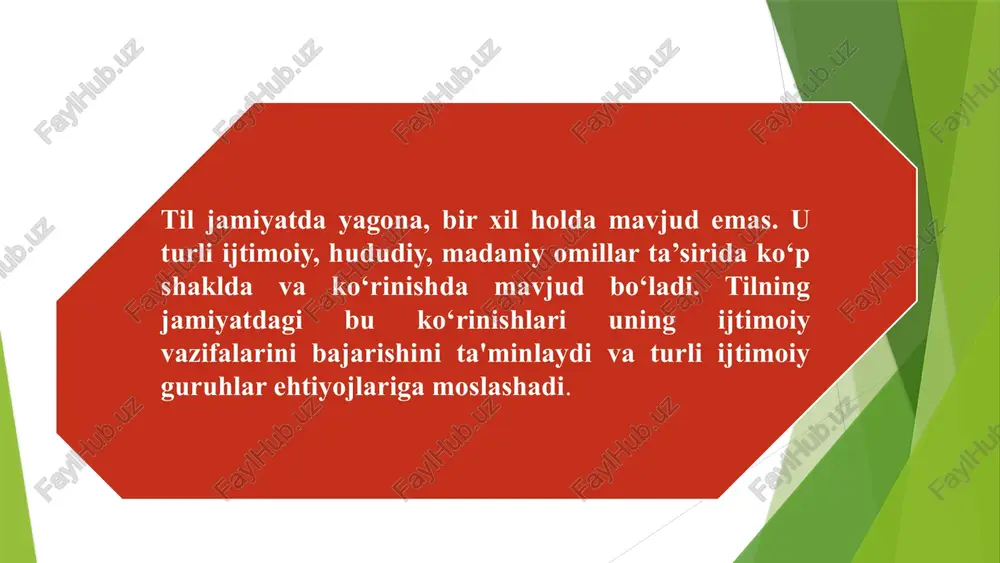 atdan me’yoriy shaklga solingan ko‘rinishidir. bu til jamiyat tomonidan tan olingan va muhim ijtimoiy funksiyalarni bajarishga xizmat qiladi. adabiy til me’yorlari fonetik orfografik orfoepik stilistik punktuatsion grammatik leksik adabiy til – bu me’yorlashtirilgan tilning amaliy shakli bo‘lib, u jamiyatda keng qamrovli ijtimoiy aloqa vositasi sifatida xizmat qiladi. u og‘zaki va yozma shaklda mavjud bo‘ladi, yuqori darajada madaniylashgan va sistemalashgan bo‘ladi. shevalar – tildagi hududiy farqlar asosida shakllangan nutq shakllaridir. ular asosan og‘zaki shaklda mavjud bo‘lib, ma’lum geografik hududlarda yashovchi aholining so‘zlashuv vositasidir. adabiy til sheva 3.til va jamiyatning o’zaro ta’siri. til va jamiyat bir-biri bilan chambarchas bog‘liq bo‘lgan tizimlardir. til jamiyatda shakllanadi, uning ehtiyojlariga xizmat qiladi va o‘z navbatida jamiyat tildan foydalanish orqali rivojlanadi. shuning uchun til va jamiyat bir-biriga o‘zaro ta’sir ko‘rsatadi va bu ta’sir ikki yo‘nalishda kechadi: jamiyatdagi siyosiy, iqtisodiy, madaniy, ilmiy va texnologik o‘zgarishlar tilning tarkibiga, tuzilishiga va qo‘llanilish sohalariga bevosita ta’sir ko‘rsatadi jamiyatdagi siyosiy, iqtisodiy, madaniy, …
