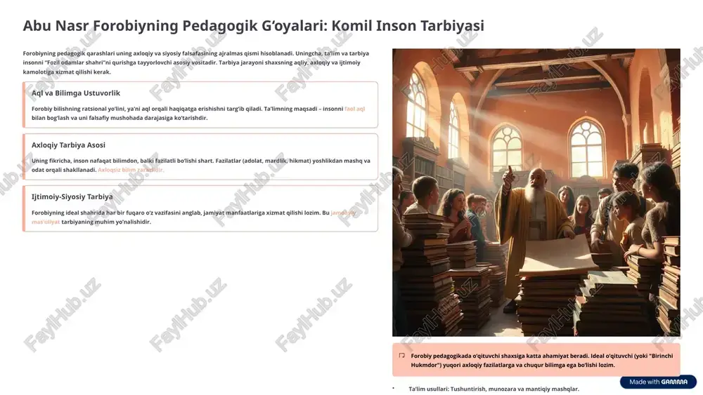 bu jamoaviy mas’uliyat tarbiyaning muhim yo‘nalishidir. forobiy pedagogikada o‘qituvchi shaxsiga katta ahamiyat beradi. ideal o‘qituvchi (yoki "birinchi hukmdor") yuqori axloqiy fazilatlarga va chuqur bilimga ega bo‘lishi lozim. ta’lim usullari: tushuntirish, munozara va mantiqiy mashqlar. tarbiya davomiyligi: tug‘ilishdan to umr oxirigacha davom etadigan uzluksiz jarayon. musiqa va san’atning o‘rni: musiqaning inson ruhiyatini tarbiyalashdagi o‘rnini alohida ta’kidlagan. 2 abu ali ibn sino: tabobat va falsafa qomusiy allomasi abu ali al-husayn ibn abdulloh ibn al-hasan ibn ali ibn sino (980–1037), g‘arbda avitsenna nomi bilan tanilgan, tibbiyot, falsafa va fanlarning deyarli barcha sohalarida iz qoldirgan markaziy osiyoning eng mashhur mutafakkiridir. 980-yil tug‘ilishi: buxoro yaqinidagi afshona qishlog‘ida tug‘ilgan. yoshligidan aql-zakovatli bo‘lib, 10 yoshida qur’onni yod olgan. 16 yosh tibbiyotni egallash: shu yoshda tibbiyotda shuhrat qozongan va buxoro hukmdori nuh ibn mansurni davolagan. saroy kutubxonasidan foydalanish imkoniyatiga ega bo‘lgan. 1000–1037-yillar safar va ijod: siyosiy beqarorlik tufayli xorazm, jurjon, ray, hamadon kabi shaharlarda yashab, "tib qonunlari" va …