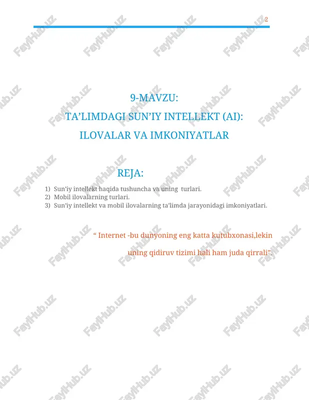 'iy intellektning yaratilishida ishtirok etgan bir necha ilmiy xodimlar uchun muhim bir forum bo'lib, sun'iy intellekt sohasining asosiy yo'nalishlari aniqlandi. 1970-yillarda, sun'iy intellekt sohasida o'zgarishlar bo'ldi va bu soha, "eksperimental psixologiya" va "insan kompyuter interfeysi" kabi yangi yo'nalishlarni o'z ichiga olgan. 1990-yillarda, sun'iy intellekt sohasida "neural tarmoqlar" va "genetik algoritmlar" kabi yangi texnologiyalar yaratildi. bu texnologiyalar, sun'iy intellektning yaratilishida katta ahamiyatga ega bo'ldi. bugungi kunda, sun'iy intellekt sohasida ko'plab yangiliklar va yutuqlar aniqlanmoqda. bu soha, avtomatlashtirilgan mashinalar, robotlar, o'quv tizimlari, o'yinlar va boshqa ko'plab sohalarda muhim ahamiyatga ega. aslida ham sun'iy intellektning asosiy maqsadi odamlarning o'zgartirilgan intelligentsiyasini ko'tarib chiqarish va bu yordamda avtomatlashtirilgan vazifalar bajarishdir. shuning uchun ham sun'iy intellektni turli sohalarda qo'llash mumkin, masalan: · ta'rifiy soha: murojaatlarni tahlil qilish, ma'lumotlar bazasini yaratish, matnlar tarjim etish kabi vazifalarni bajaruvchi tarjimon dasturlari. · raxbarlik sohasi: kuzatuvchi kameralar, hamyonlikni tushunadigan avtomobillar kabi vositalarga egadir. · sanoat: si texnikalarini ishlab chiqarishda ishchi …