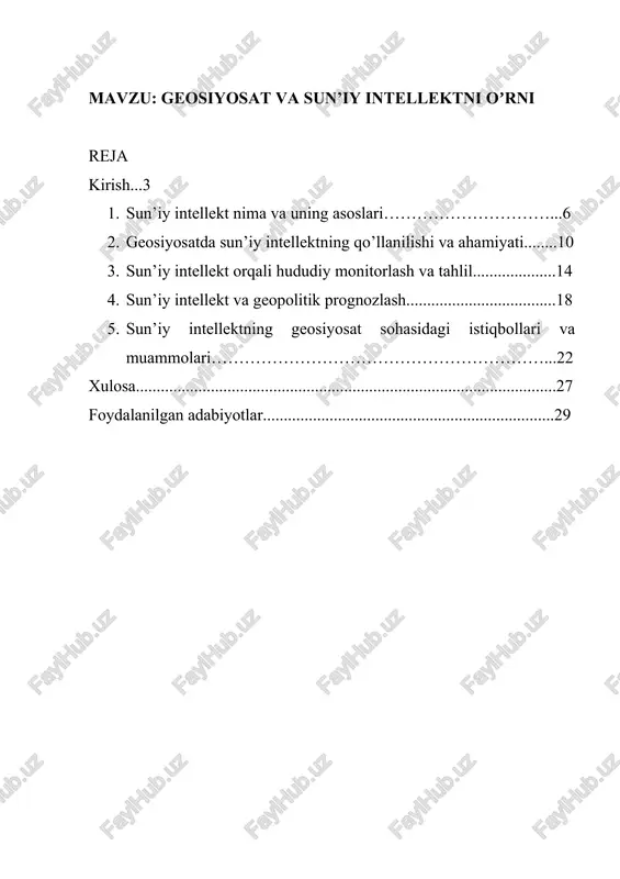 larning quvvati qayda ekanligini, ularning manfaatlarini, ambitsiyalarini, bu manfaatlar o’rtasidagi konfliktlarni va sotuv tushunish geosiyosatchilarning asosiy ishi. davlatning askariy quvvati qayda, iqtisodiy potentsiali nima, tabiiy boyligalari qayda, siyosiy stability qanday – bu barcha savollarining javoblarini topish kerak. bundan tashqari, kelajakda ne bo’ladi deb taxmin qilish ham kerak. ushbu murakkab vazifalarni bajarishda sun’iy intellekt – muhim yordamchi va omil. sun’iy intellekt geosiyosatda nima qiladi? birinchidan, juda ko’p miqdordagi ma’lumotlarni juda tezkor tahlil qiladi. bugungi dunyoda ma’lumotlar tashlaydigan – satellitlarning kunlik rasmlarindan tortib, internet’dagi milliardlab matnlar, social media’dagi tarjimadonlar, shugun agentligining ma’lumotlari va boshqalarni hammasi mavjud. bu barcha ma’lumotlarni inson o’zaro tahlil qilsa, yillar kerak, lekin sun’iy intellekt soatlar, hatta minutlar ichida qayta ishlaydi. ikkinchidan, sun’iy intellekt insonning ko’rmay qolgan pattern va qonuniyatlarni topadi. masalan, davlatlarning o’tgan harakat va hozirgi holatini tahlil qilib, sun’iy intellekt kelajak harakatlarni taxmin qiladi. uchinchidan, sun’iy intellekt xatosiz va tarafsiz tahlil qiladi – hech bir emosiya yoki …