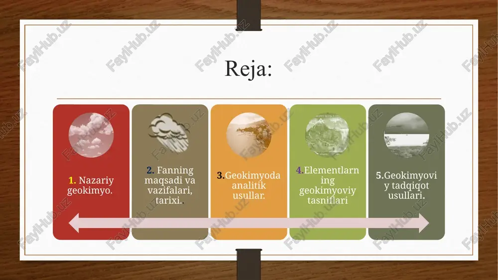 yuzaga keltirish, hamda jaxon fiziklari tomonidan mineral va jinslardagi kimyoviy elementlarning miqdorini aniqlaydigan asbob-uskunalarning yaratilishi va nixoyat dunyo minerallari tomonidan nazariy mineralogiyaning yuzaga kelishi va boshqalar. geokimyoning rivojlanishida va yuzaga kelishida ingliz kimyochisi robert boyl (1627-1691) okeanlar (gidrosfera) va atmosfera kimyosiga doir masalalarni ko`tardi. u birinchi bo`lib okean suvlar tarkibidagi elementlarning miqdorini aniqladi. dj.pristli (1733-1804) va v.lavuaze (1743-1754) atmosfera tarkibidagi kimyo elementlarning miqdorini berdi. g.devi (1778-1829) vulqondan chiqayotgan gaz va parlarning tarkibini aniqladi. 1815 yili ingliz mineralogi v. fillips (1773-1828) yer po`stida tarqalgan ayrim elementlarning miqdorini maqolalarida chop etdi. shved kimyochisi i.ya.bertselius (1779-1849) selen, tseriy, toriy va kremniy elementlarini kashf etdi. amerika olimi f.klark (1839-1931) tog` jinslarining tarkibi qismini o`rgandi va 1924 yili g.vashington bilan birgalikda 6000 dan ortiq tog` jinslarini taxlil qilib yer po`sti jinslarining tarkibidagi petrogen elementlarining o`rtacha miqdorini aniqladi. fanning maqsadi va vazifalari. yuqorida bayon etilgan fiklarni mujassamlab xulosa qiladigan bo`lsak, geokimyo - atmosfera, gidrosfera, yer po`sti, …