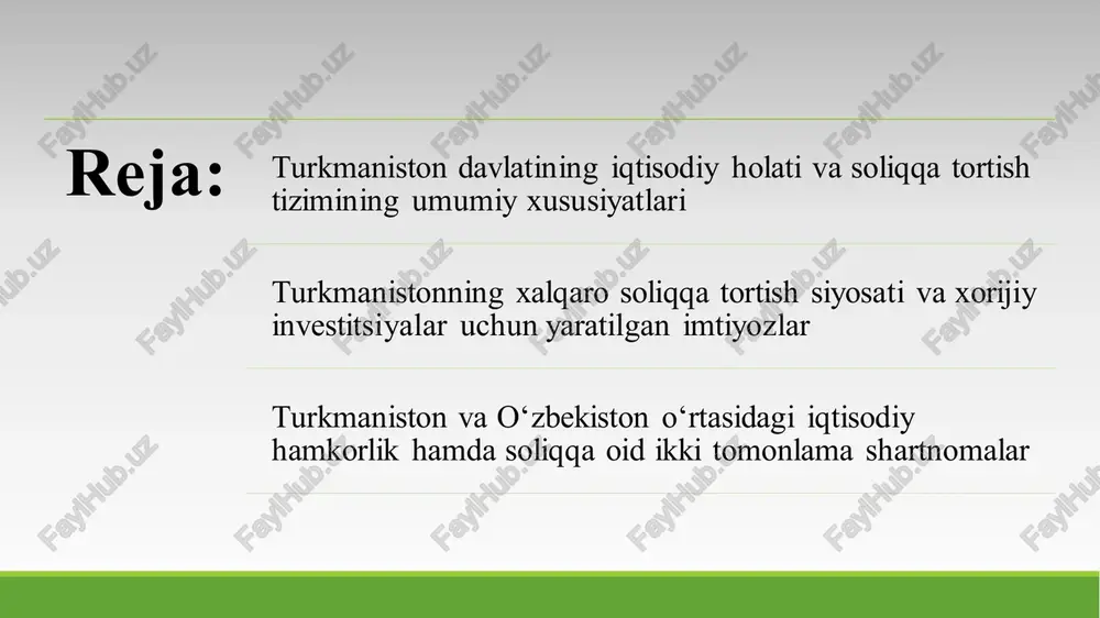 ishga qaratilgan. xususan, energetika, transport, qurilish, kimyo va qishloq xo‘jaligi sohalarida faoliyat yurituvchi xorijiy kompaniyalar uchun 10 yilgacha foyda solig‘idan, 5 yilgacha esa yer va mulk soliqlaridan ozod etish tartibi mavjud. turkmaniston hukumati xalqaro soliqqa tortish siyosatida shaffoflikni ta’minlash va xalqaro soliq normalariga moslashish maqsadida ko‘plab davlatlar bilan ikki tomonlama soliq bitimlarini imzolagan. hozirgi kunda mamlakat rossiya, xitoy, turkiya, o‘zbekiston, qozog‘iston va boshqa 20 dan ortiq davlat bilan “qo‘shaloq soliqqa tortishni oldini olish to‘g‘risidagi bitimlar”ni amalga kiritgan. turkmaniston va o‘zbekiston o‘rtasidagi iqtisodiy hamkorlik hamda soliqqa oid ikki tomonlama shartnomalar turkmaniston va o‘zbekiston o‘rtasidagi iqtisodiy hamkorlik ikki davlat o‘rtasida barqaror va o‘zaro manfaatli sheriklik asosida shakllanib bormoqda. so‘nggi yillarda ikki mamlakat o‘rtasidagi savdo hajmi, qo‘shma investitsiya loyihalari va transport-kommunikatsiya aloqalari sezilarli darajada oshdi. energetika, neft-gaz, qishloq xo‘jaligi, to‘qimachilik, transport va xizmat ko‘rsatish sohalarida o‘zaro hamkorlikni chuqurlashtirish yo‘lida qator huquqiy asoslar yaratilgan. shu jumladan, ikki davlat o‘rtasida soliqqa oid masalalarni tartibga soluvchi …