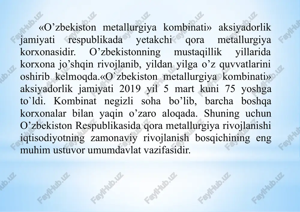 an po’lat to’r, 46 nomda 282 turdan iboratsirlangan po’lat idishlar); -ferrosilitsiy va ferrosilikomargents; nometallurgiyamahsulotlar: -azot, argon, kislorod; -yuk ushlovchi m42, m62 rusumli elektromagnitlar, yuk ko’tarish qobiliyati 16 tn va 25 tn. an-348rusumli payvandlash flyusi. o’zbekiston respublikasi prezidentining 2017 yil 15 sentyabrdagi pq-3277-sonli “o’zmetkombinat” aj boshqarish tizimini takomillashtirish bo’yicha chora- tadbirlar to’g’risida”gi qarori ishlab chiqarishni boshqarish samarasini oshirish va korporativ boshqaruvining zamonaviy uslublarini joriy etishni ta'minlashga yo’naltirilgan. o’zbekiston respublikasi vazirlar mahkamasining 2017 yil 20 iyuldagi “o’zmetkombinat” aj boshqaruvining samaradorligini oshirish bo’yicha chora-tadbirlar to’g’risida”gi 533-sonli qaroriga muvofiq “sfi management group” mchj xorijiy kompaniyasi “o’zmetkombinat” aj ustav kapitalidagi davlat ulushining ishonchli boshqaruvchisi sifatida jalb etilgan. “o’zmetkombinat” aj faoliyatining asosiy vazifalari va yo’nalishlari: birinchidan,ishlab chiqarishni modernizatsiyalash va diversifikatsiyalash bo’yicha puxta o’ylangan yagona texnik siyosatni amalga oshirish, zamonaviy energiya tejamlovchi texnologiya va asbob-uskunalarni joriy etish, shuningdekjamiyatning xom ashyo bazasini kengaytirish; ikkinchidan,ishlab chiqarishning yuqori o’sish sur'atini ta'minlashga yo’naltirilgan jamiyatni boshqarish tizimida tarkibiy o’zgartirishlarni amalga oshirish, yuqori …
